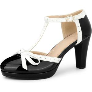 Allegra K Escarpins à talon épais avec sangle en T pour femme(Noir)