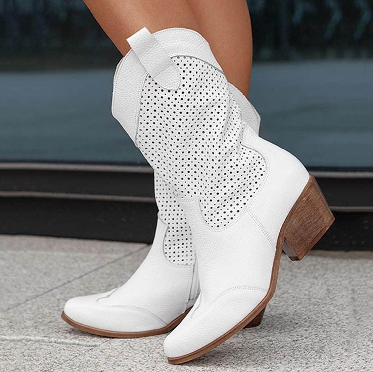 image:imageBottes de cowboy en daim pour femme Bottes western talon bloc Marron Taille mimollet Bout pointu Avec fermeture clair latrale Lgres respirantes lgantes et polyvalentesBlanc
