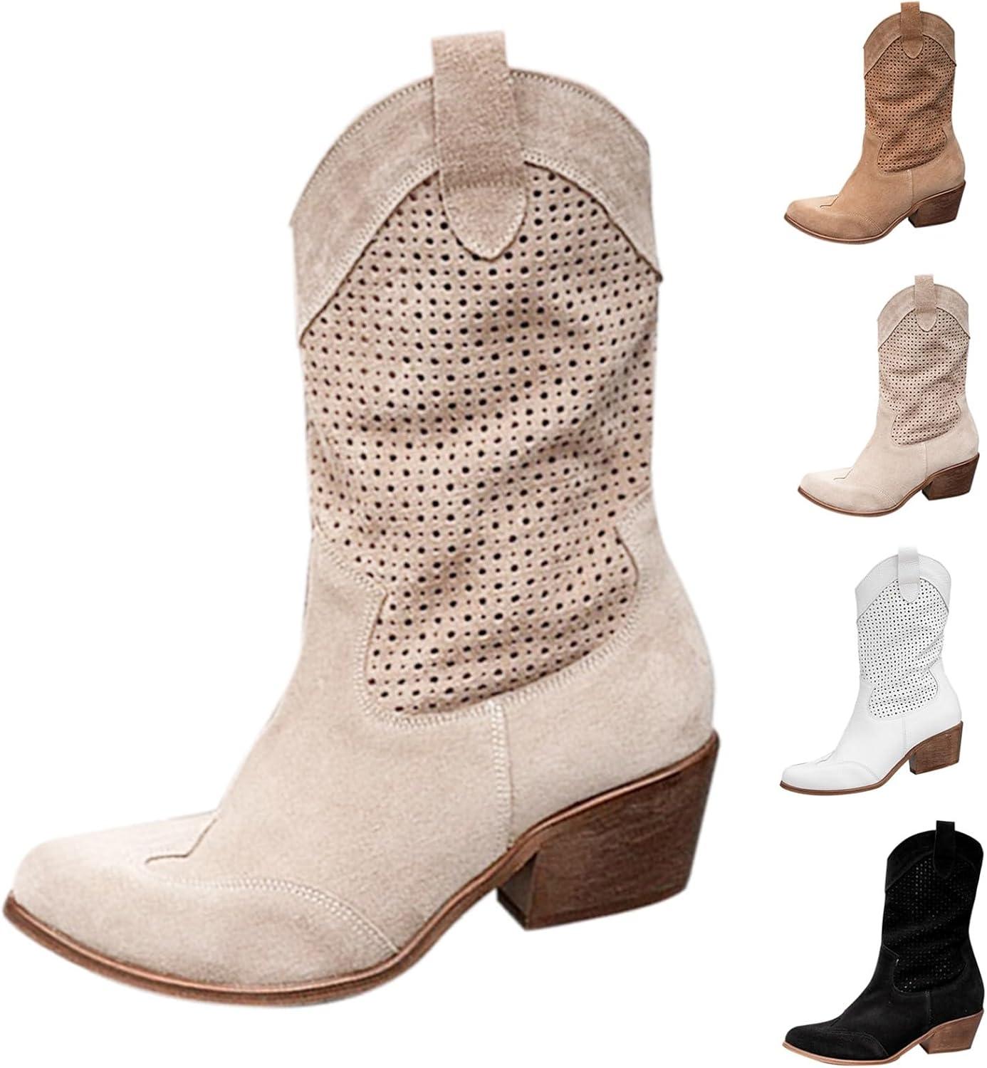 image:imageBottes de cowboy en daim pour femme Bottes western talon bloc Marron Taille mimollet Bout pointu Avec fermeture clair latrale Lgres respirantes lgantes et polyvalentesBeige