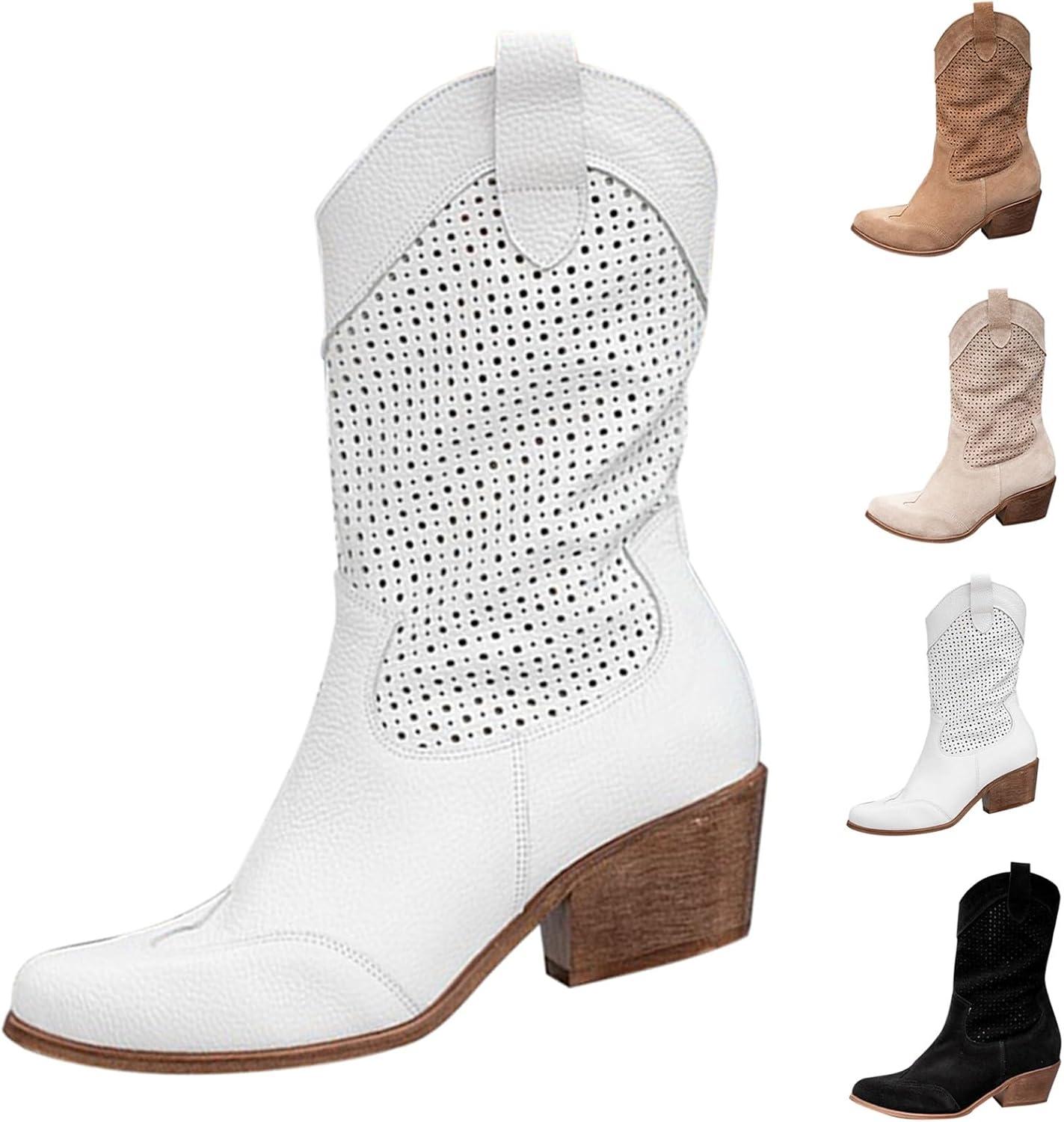 image:imageBottes de cowboy en daim pour femme Bottes western talon bloc Marron Taille mimollet Bout pointu Avec fermeture clair latrale Lgres respirantes lgantes et polyvalentesBlanc