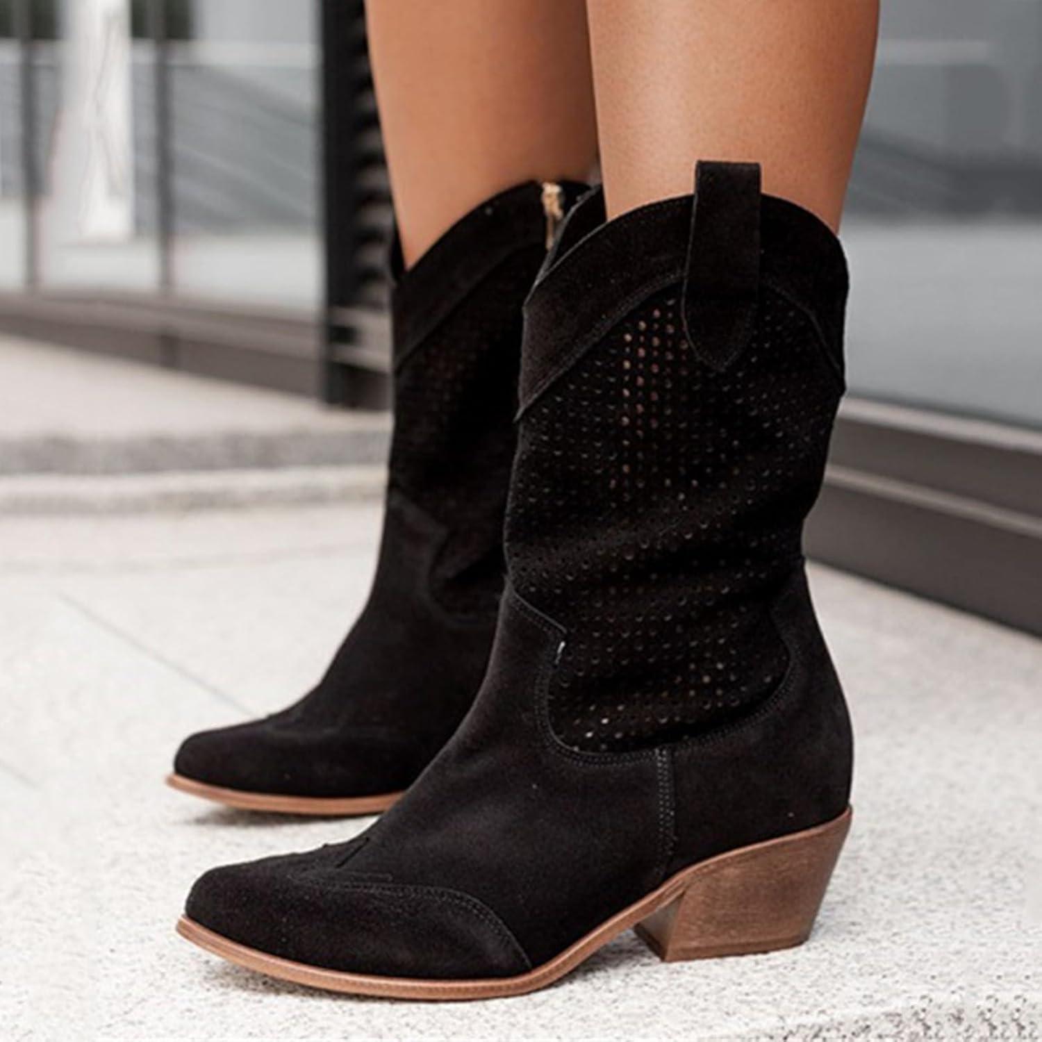 image:imageBottes de cowboy en daim pour femme Bottes western talon bloc Marron Taille mimollet Bout pointu Avec fermeture clair latrale Lgres respirantes lgantes et polyvalentesNoir