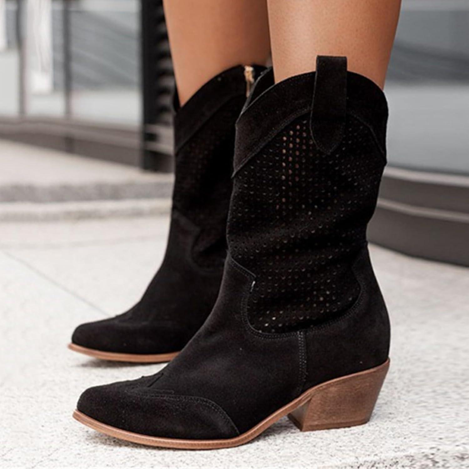 image:imageBottes de cowboy en daim pour femme Bottes western talon bloc Marron Taille mimollet Bout pointu Avec fermeture clair latrale Lgres respirantes lgantes et polyvalentesNoir