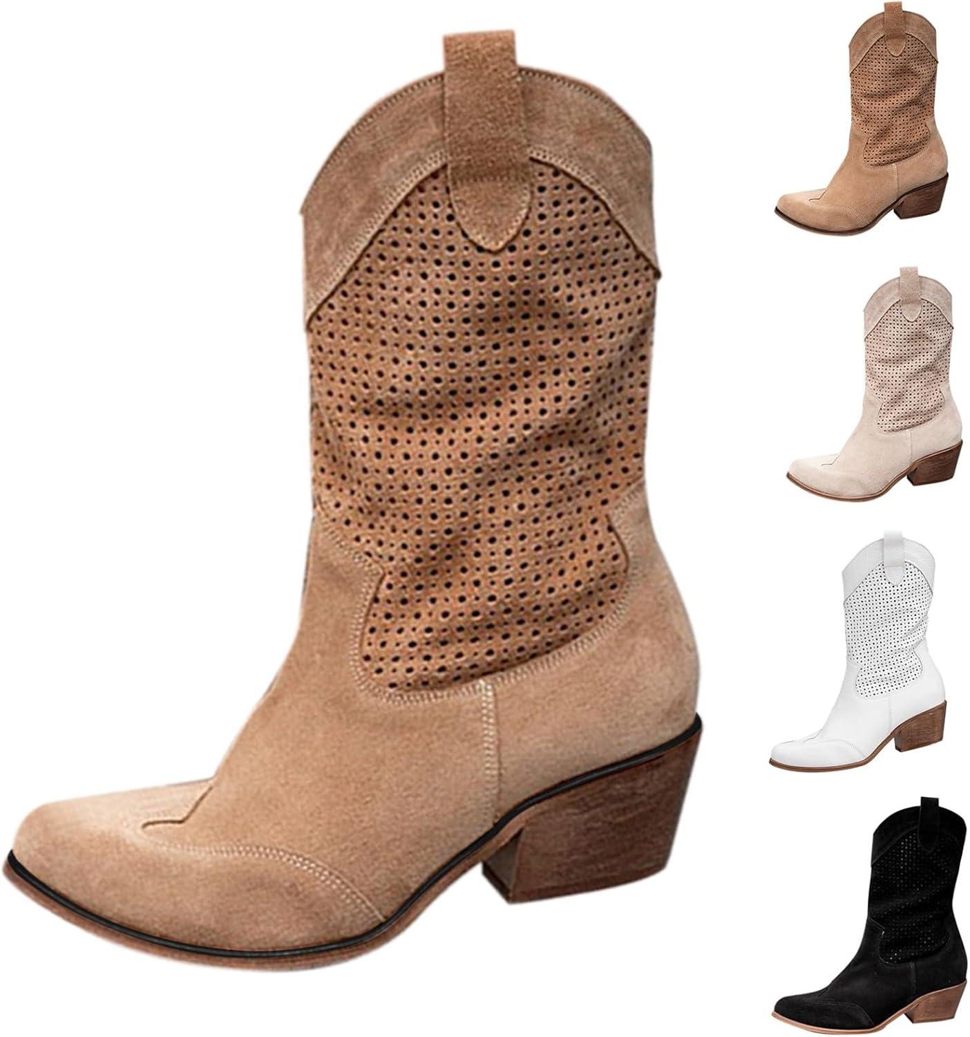 image:imageBottes de cowboy en daim pour femme Bottes western talon bloc Marron Taille mimollet Bout pointu Avec fermeture clair latrale Lgres respirantes lgantes et polyvalentesMarron