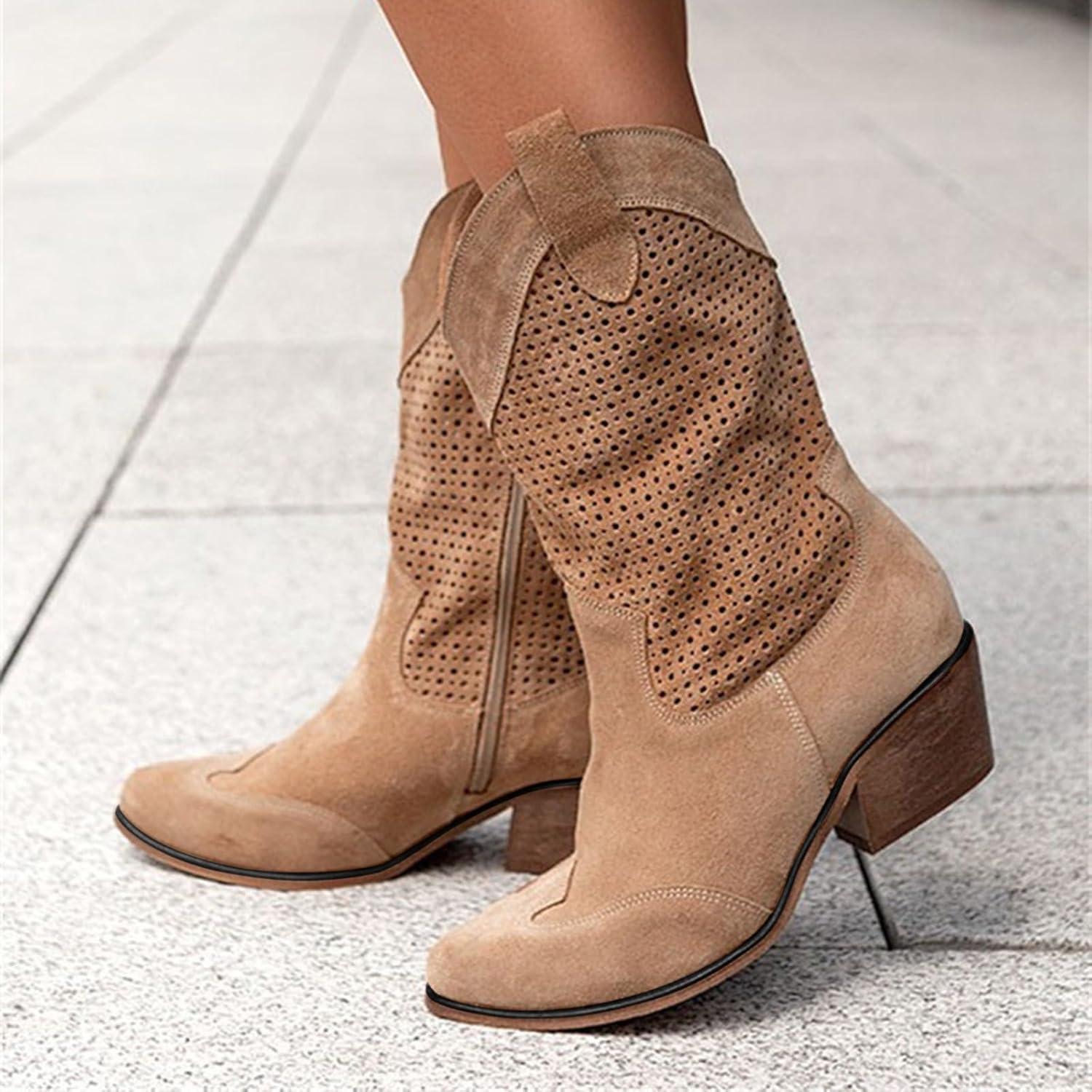 image:imageBottes de cowboy en daim pour femme Bottes western talon bloc Marron Taille mimollet Bout pointu Avec fermeture clair latrale Lgres respirantes lgantes et polyvalentesMarron