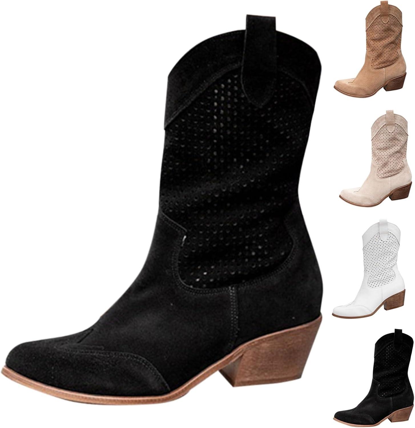 image:imageBottes de cowboy en daim pour femme Bottes western talon bloc Marron Taille mimollet Bout pointu Avec fermeture clair latrale Lgres respirantes lgantes et polyvalentesNoir