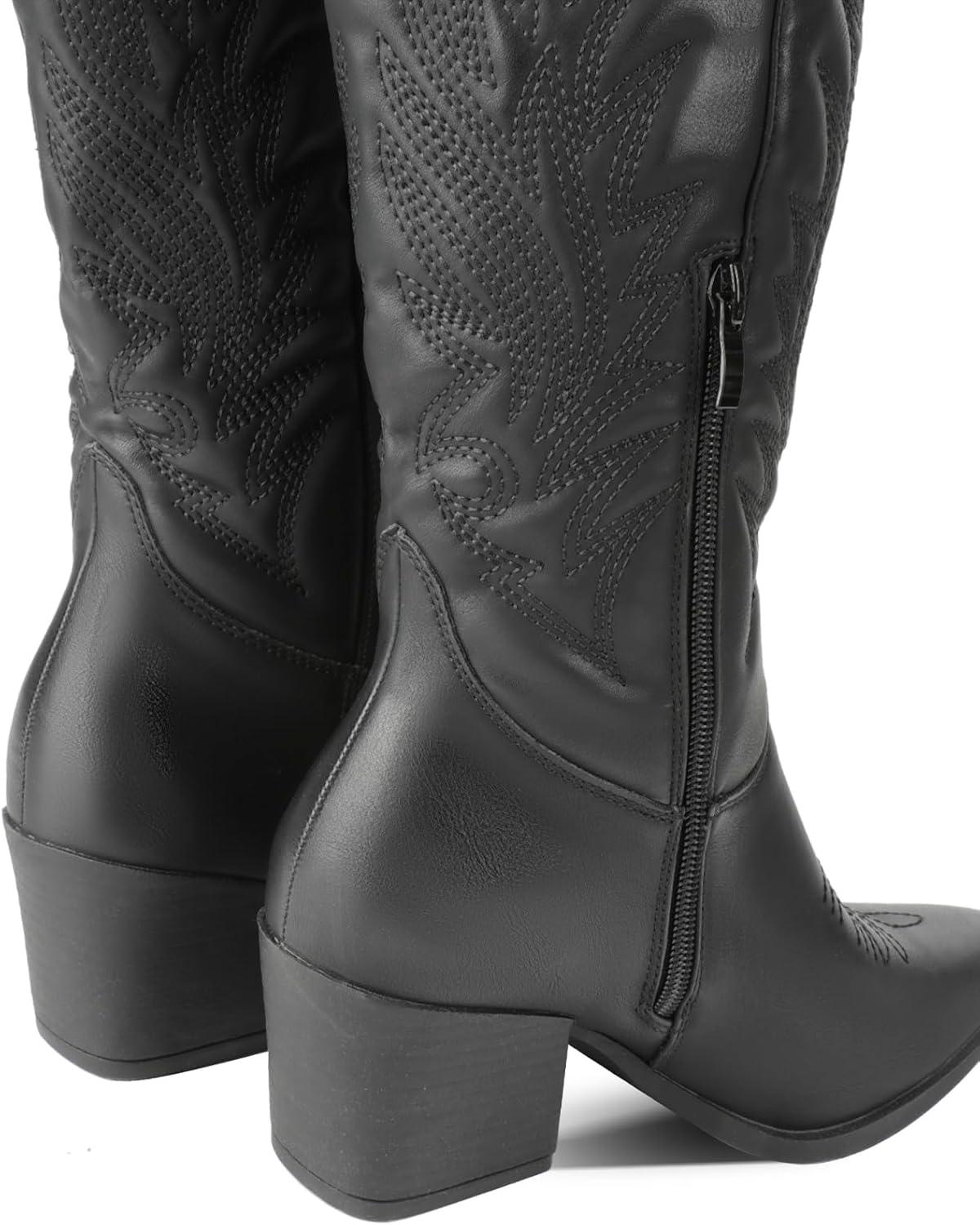 image:imageBottes de cowboy pour femme avec talon bloc de 6 cm bottes western en cuir synthtique avec tige moyenne bottes de cowboy confortables pour lautomne et lhiver au look vintage tendanceNoir avec Broderie