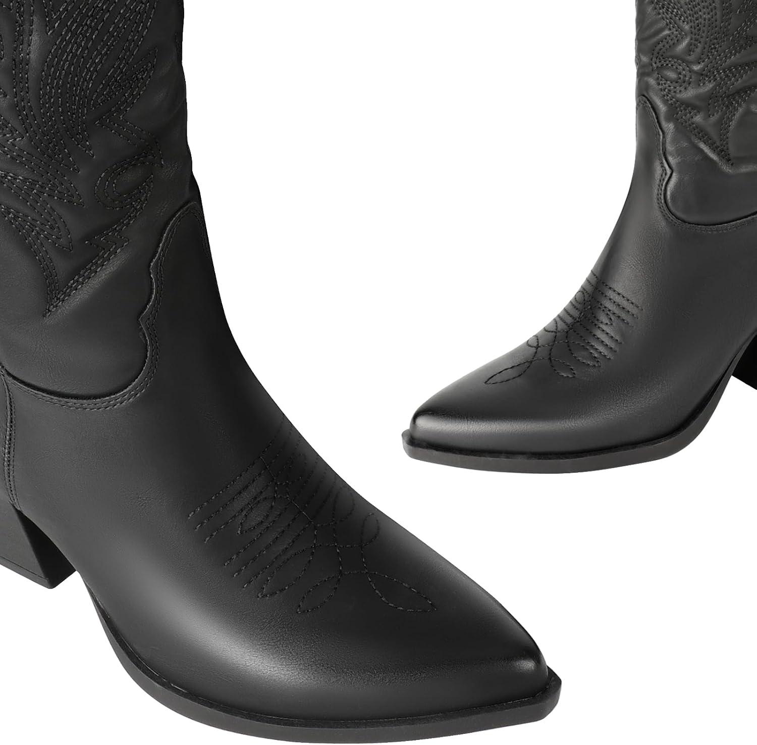 image:imageBottes de cowboy pour femme avec talon bloc de 6 cm bottes western en cuir synthtique avec tige moyenne bottes de cowboy confortables pour lautomne et lhiver au look vintage tendanceNoir avec Broderie