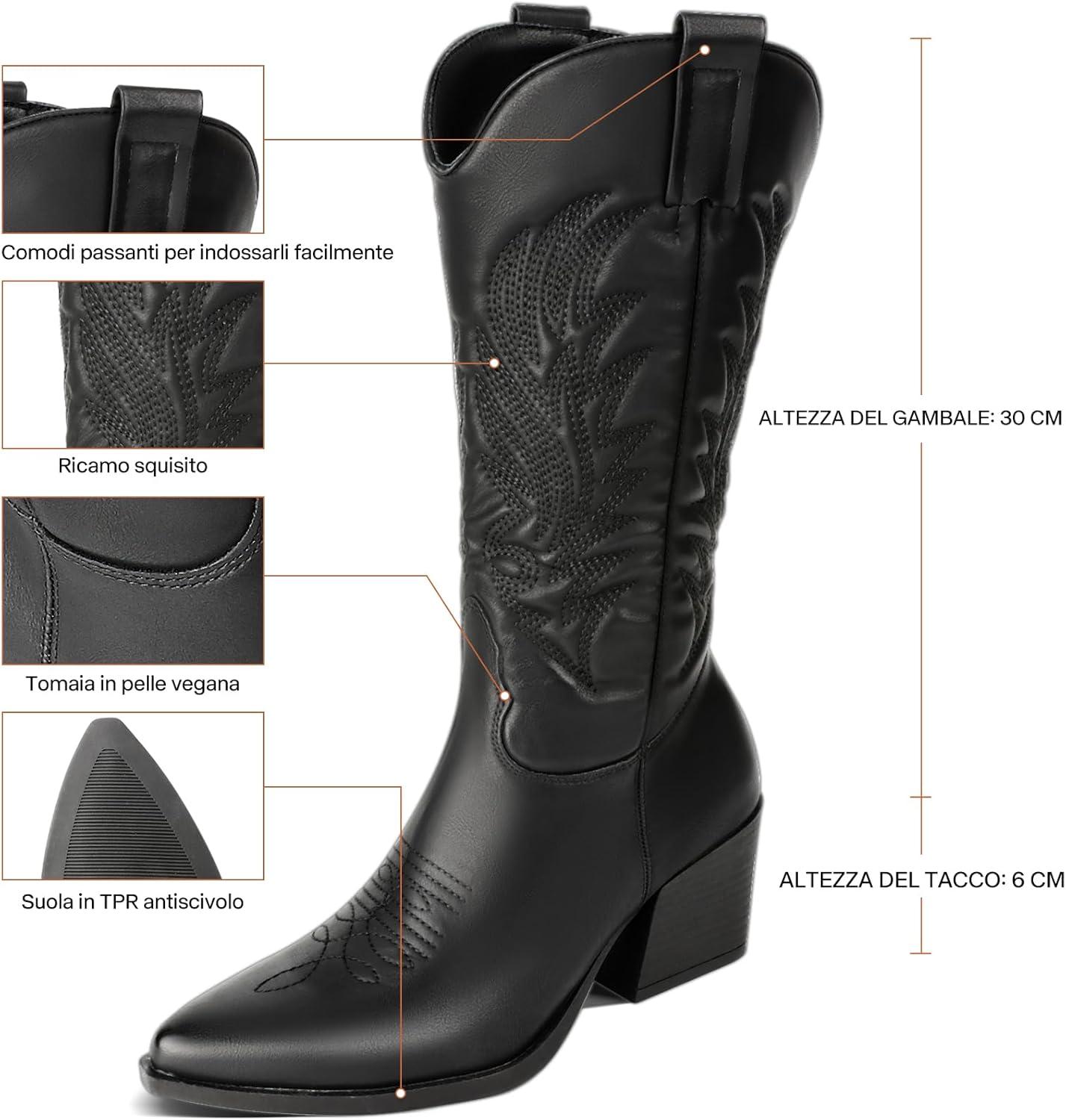 image:imageBottes de cowboy pour femme avec talon bloc de 6 cm bottes western en cuir synthtique avec tige moyenne bottes de cowboy confortables pour lautomne et lhiver au look vintage tendanceNoir avec Broderie