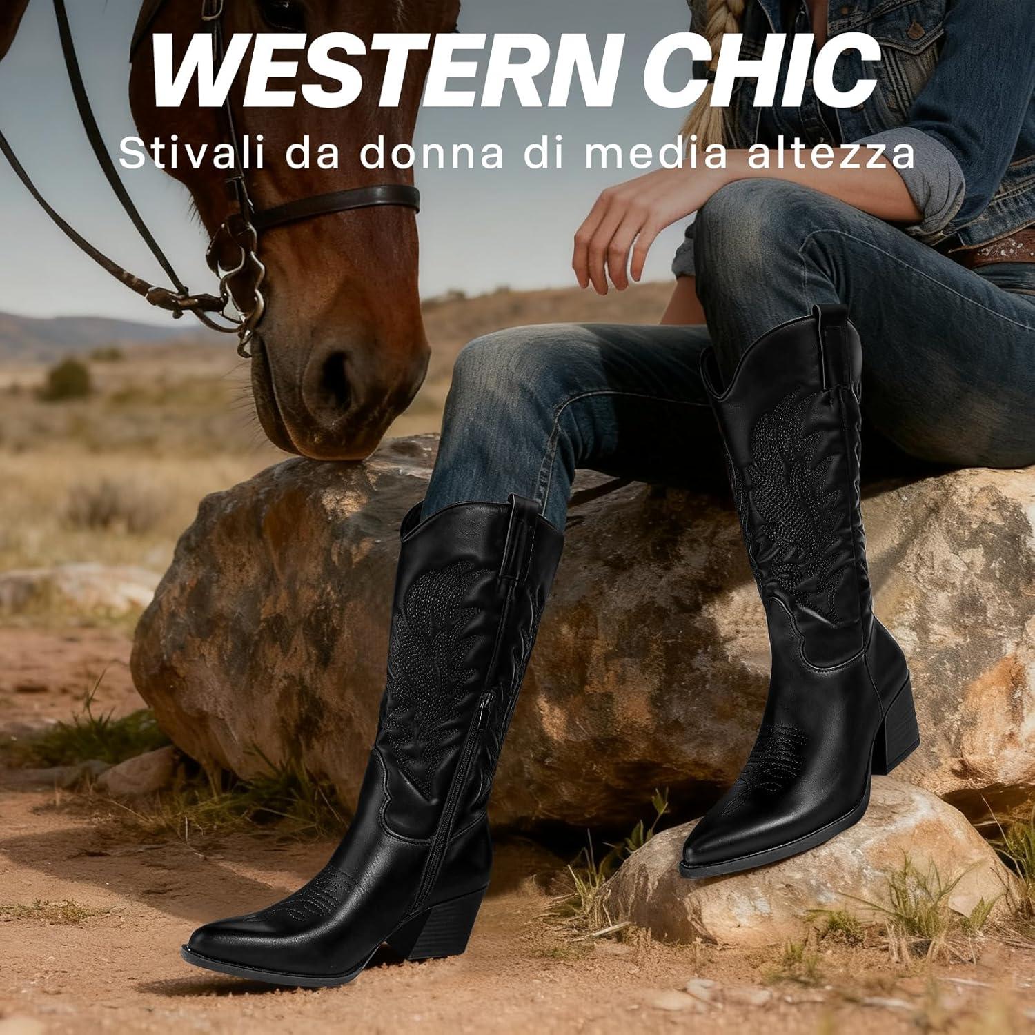 image:imageBottes de cowboy pour femme avec talon bloc de 6 cm bottes western en cuir synthtique avec tige moyenne bottes de cowboy confortables pour lautomne et lhiver au look vintage tendanceNoir avec Broderie