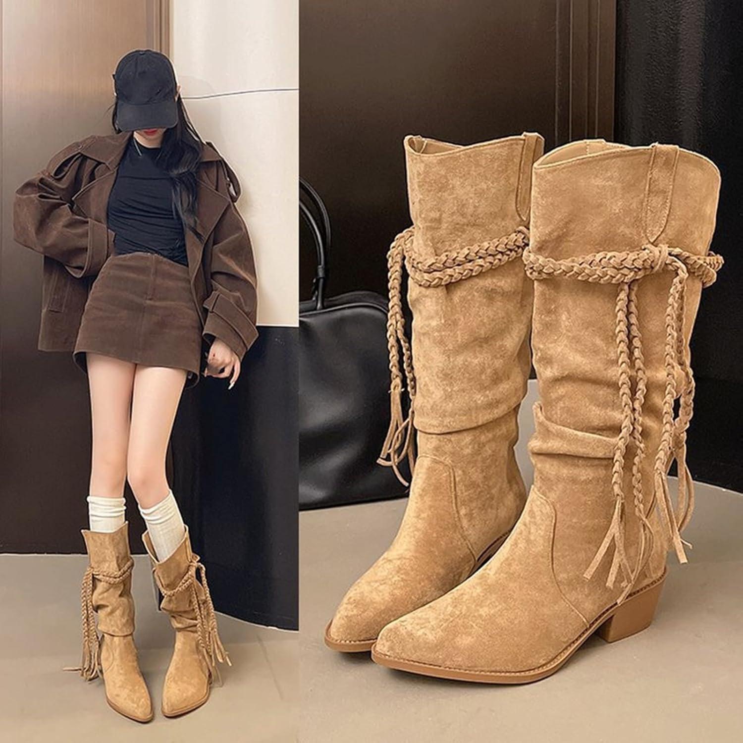 image:imageBottines Femme Bottes Western En Daim Lacets Tresss Style Cowboy Bottes Longues Talon Moyen Bout Pointu Antidrapant Elegant Boots Automne Et HiverBrun