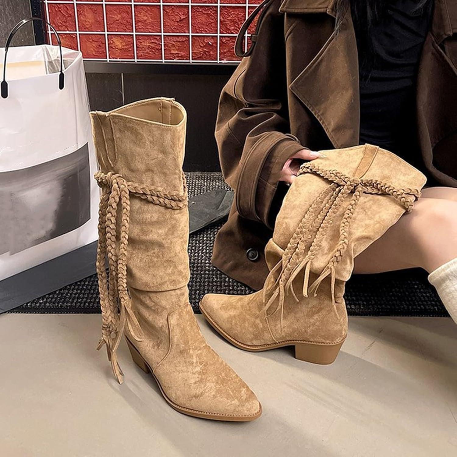 image:imageBottines Femme Bottes Western En Daim Lacets Tresss Style Cowboy Bottes Longues Talon Moyen Bout Pointu Antidrapant Elegant Boots Automne Et HiverBrun