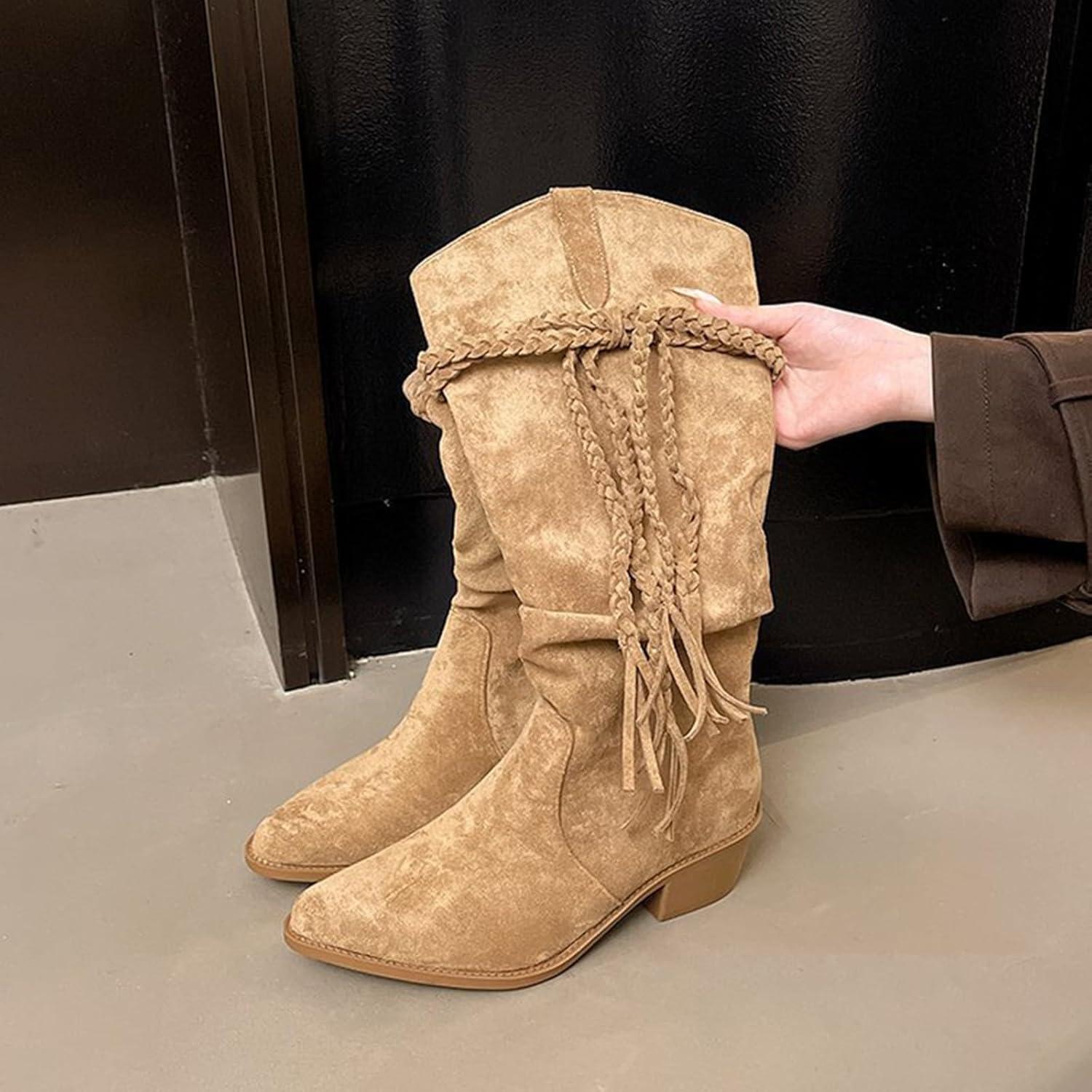 image:imageBottines Femme Bottes Western En Daim Lacets Tresss Style Cowboy Bottes Longues Talon Moyen Bout Pointu Antidrapant Elegant Boots Automne Et HiverBrun
