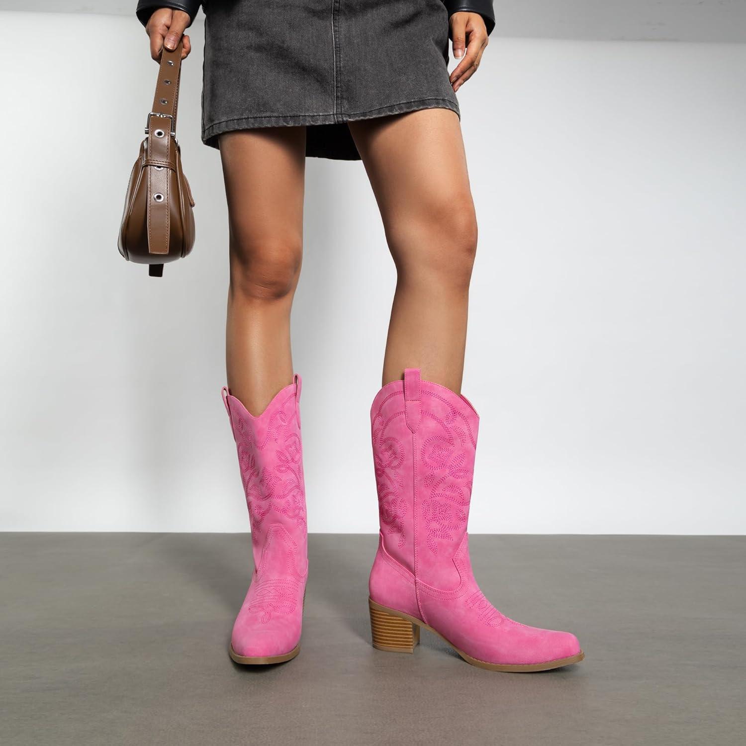 image:imageDREAM PAIRS Bottes de cowboy pour femme bout carr broderie bottes de cowgirl cousues bottes western talon pais pour femme Nubuck rose 37 EU