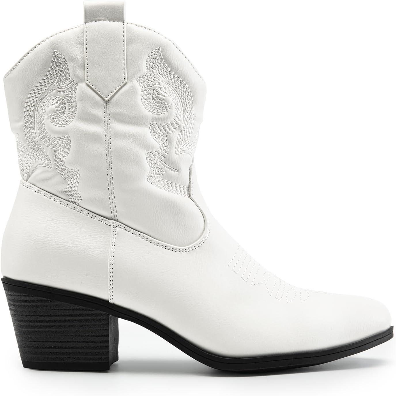 image:imageDREAM PAIRS Bottines de cowboy et cowgirl brodes pour femme Style western Talon bas et pais Bout rond Pour lautomneBlanc