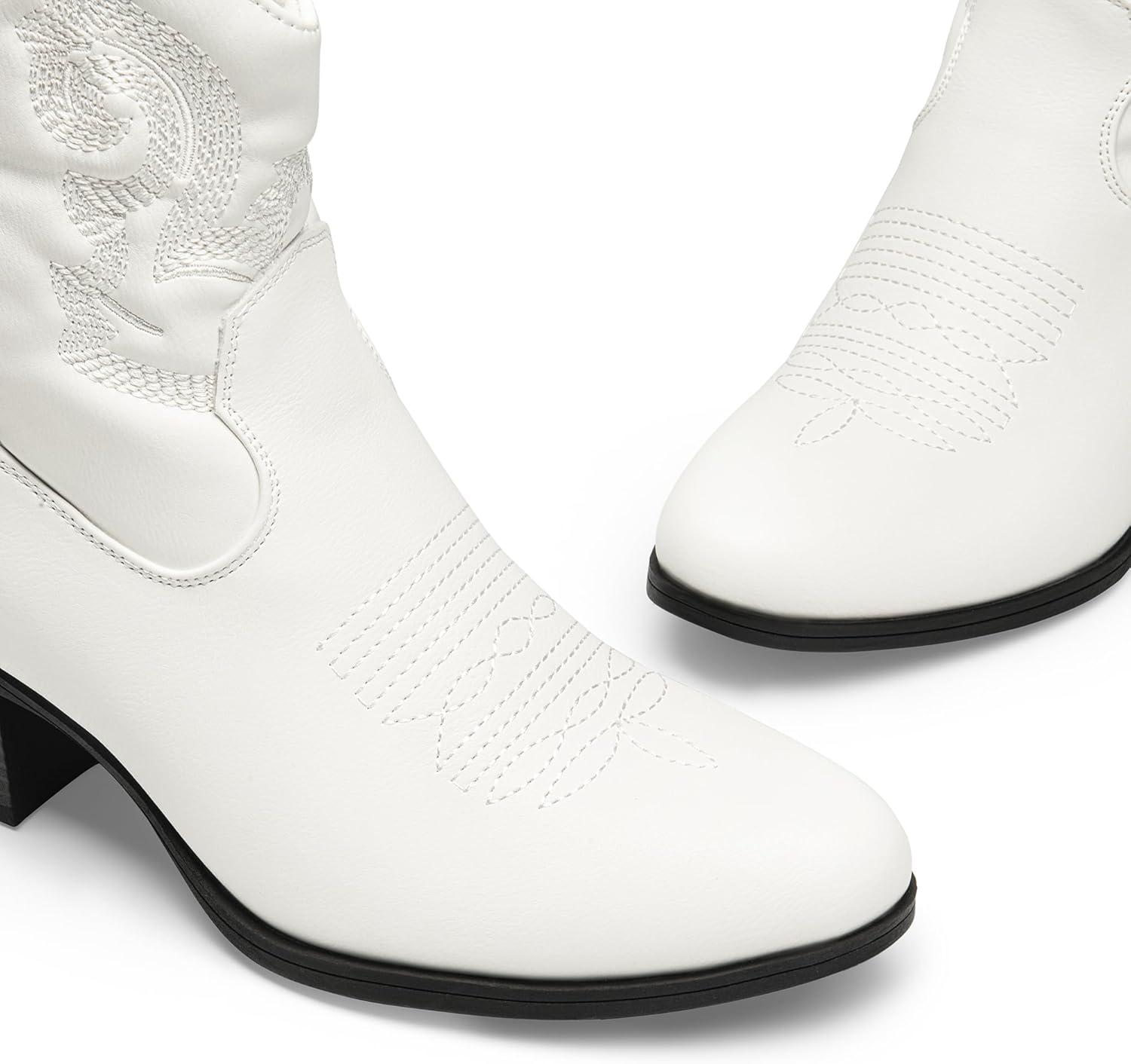 image:imageDREAM PAIRS Bottines de cowboy et cowgirl brodes pour femme Style western Talon bas et pais Bout rond Pour lautomneBlanc