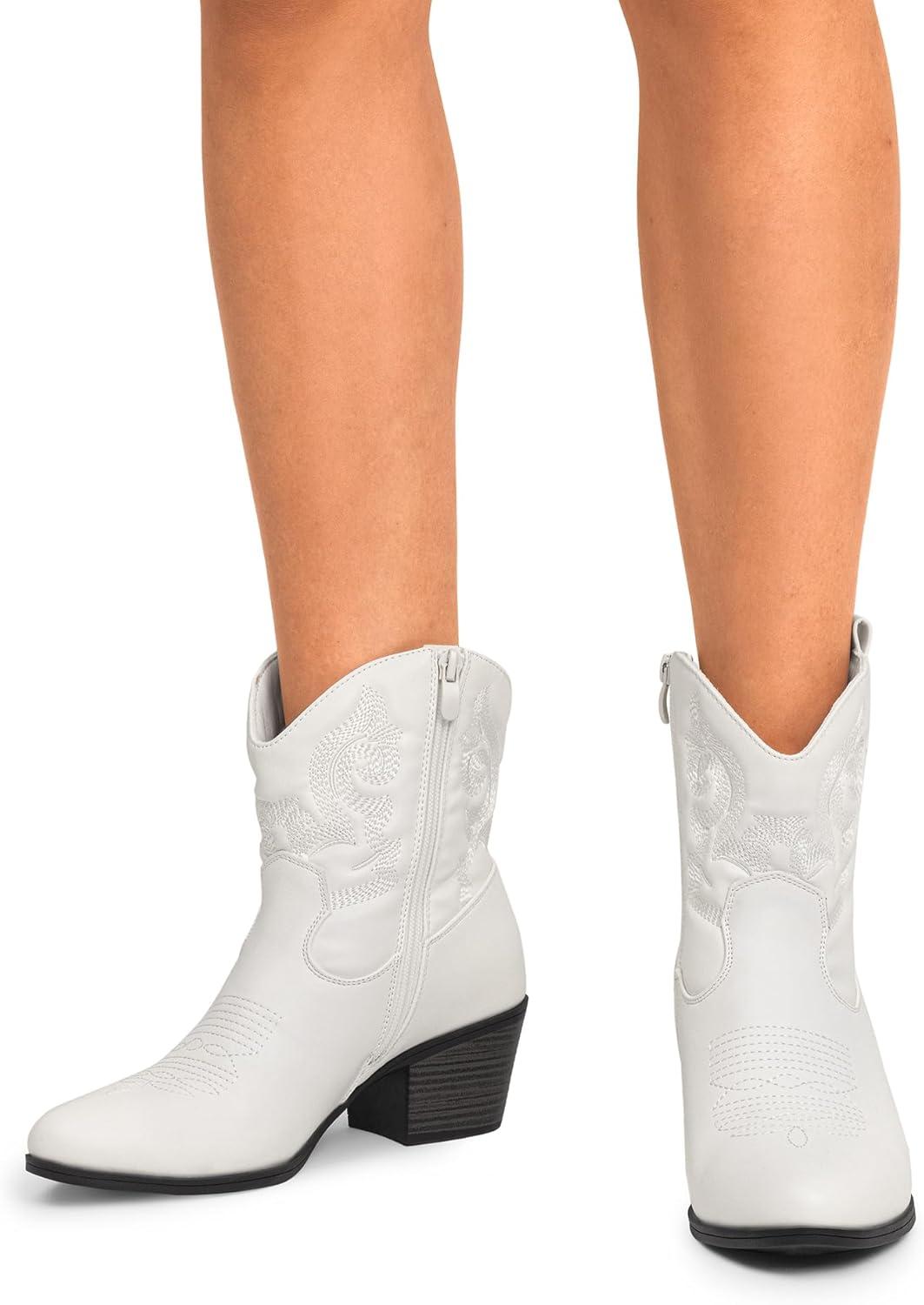image:imageDREAM PAIRS Bottines de cowboy et cowgirl brodes pour femme Style western Talon bas et pais Bout rond Pour lautomneBlanc