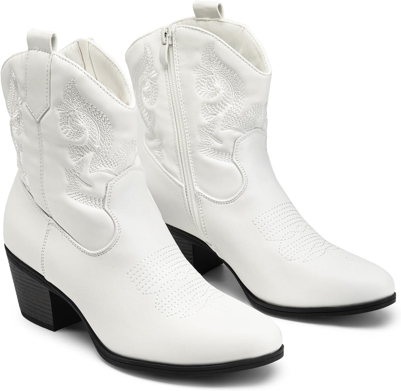 image:imageDREAM PAIRS Bottines de cowboy et cowgirl brodes pour femme Style western Talon bas et pais Bout rond Pour lautomneBlanc