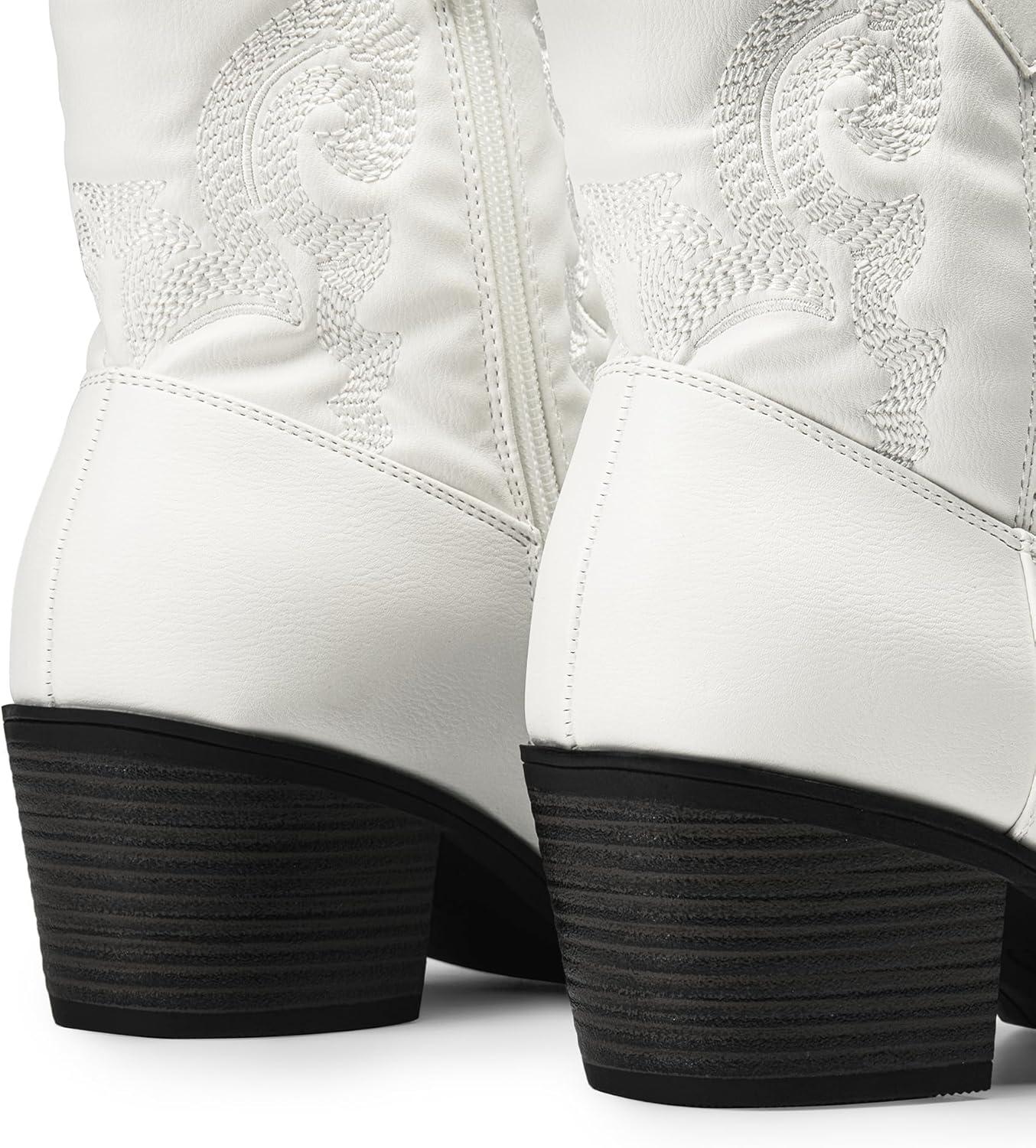 image:imageDREAM PAIRS Bottines de cowboy et cowgirl brodes pour femme Style western Talon bas et pais Bout rond Pour lautomneBlanc