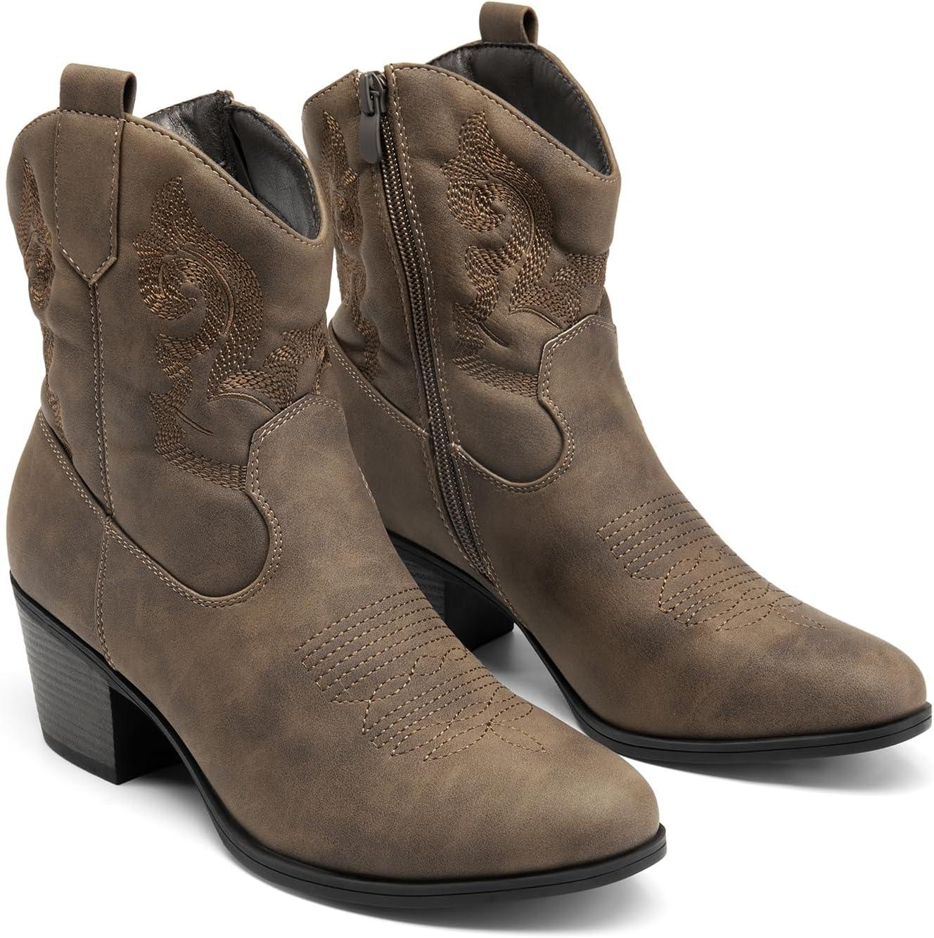 image:imageDREAM PAIRS Bottines de cowboy et cowgirl brodes pour femme Style western Talon bas et pais Bout rond Pour lautomneCamel