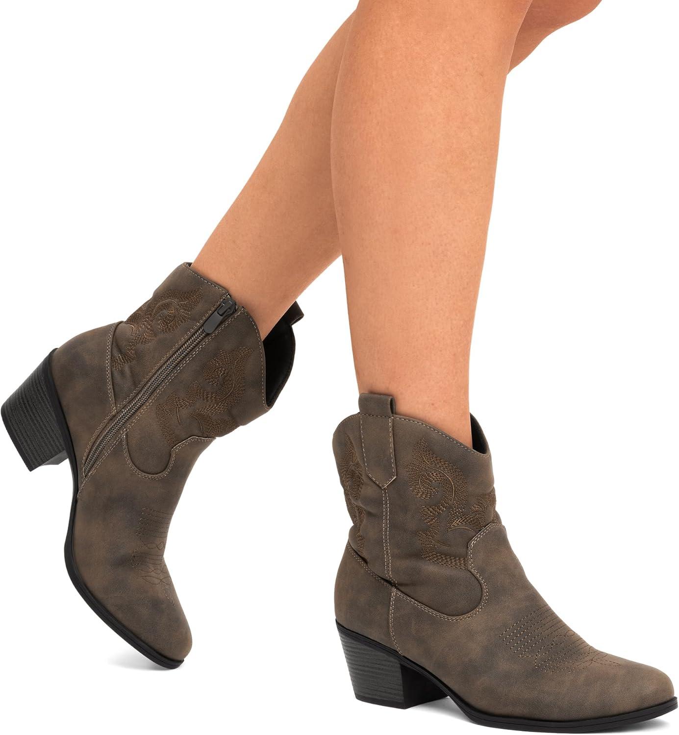 image:imageDREAM PAIRS Bottines de cowboy et cowgirl brodes pour femme Style western Talon bas et pais Bout rond Pour lautomneCamel