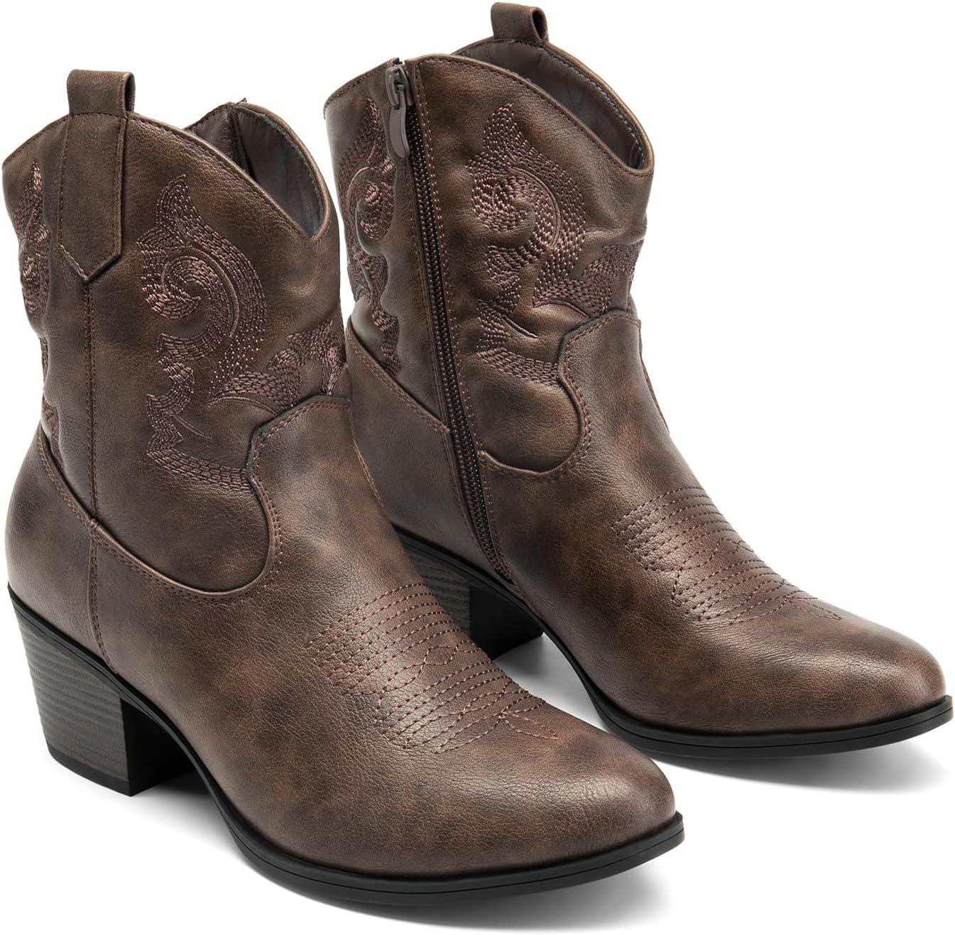 image:imageDREAM PAIRS Bottines de cowboy et cowgirl brodes pour femme Style western Talon bas et pais Bout rond Pour lautomneMarron
