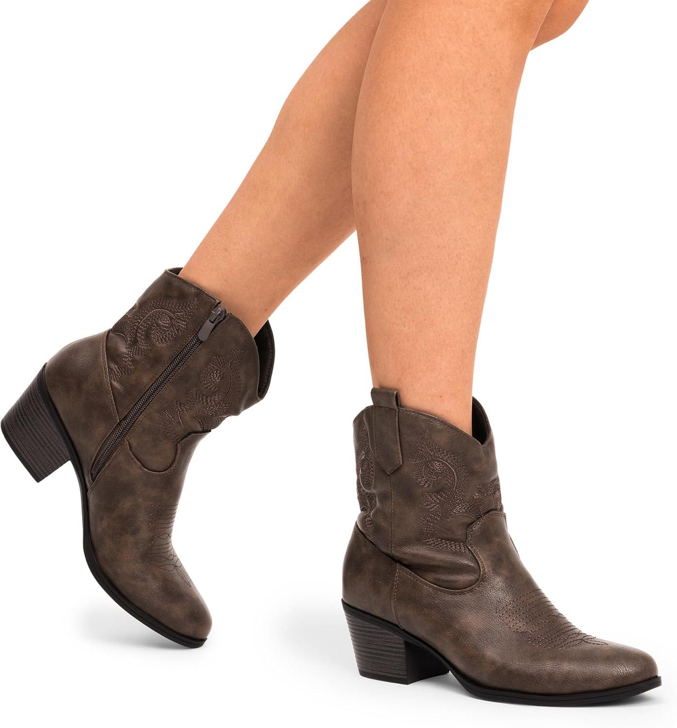 image:imageDREAM PAIRS Bottines de cowboy et cowgirl brodes pour femme Style western Talon bas et pais Bout rond Pour lautomneMarron