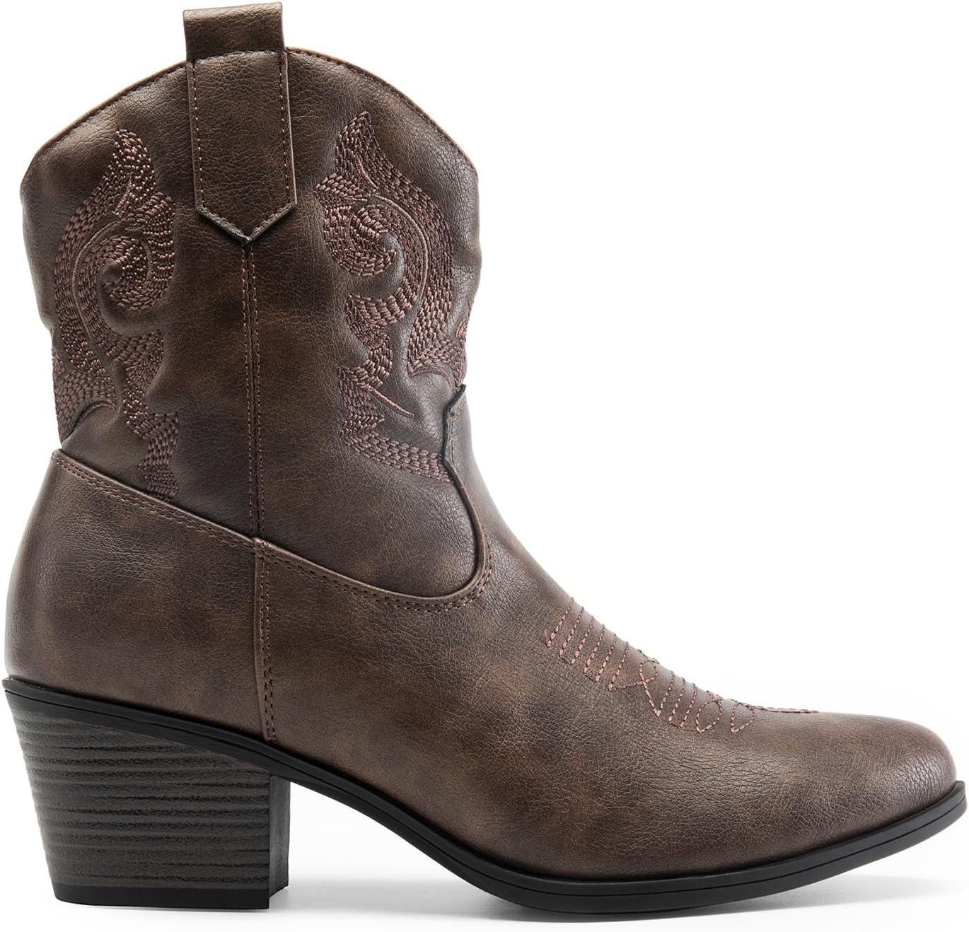 image:imageDREAM PAIRS Bottines de cowboy et cowgirl brodes pour femme Style western Talon bas et pais Bout rond Pour lautomneMarron