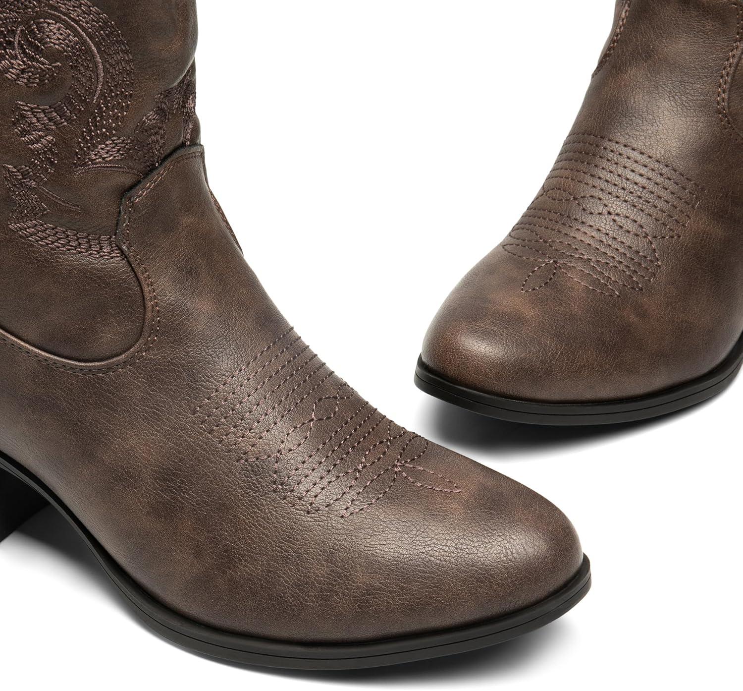 image:imageDREAM PAIRS Bottines de cowboy et cowgirl brodes pour femme Style western Talon bas et pais Bout rond Pour lautomneMarron