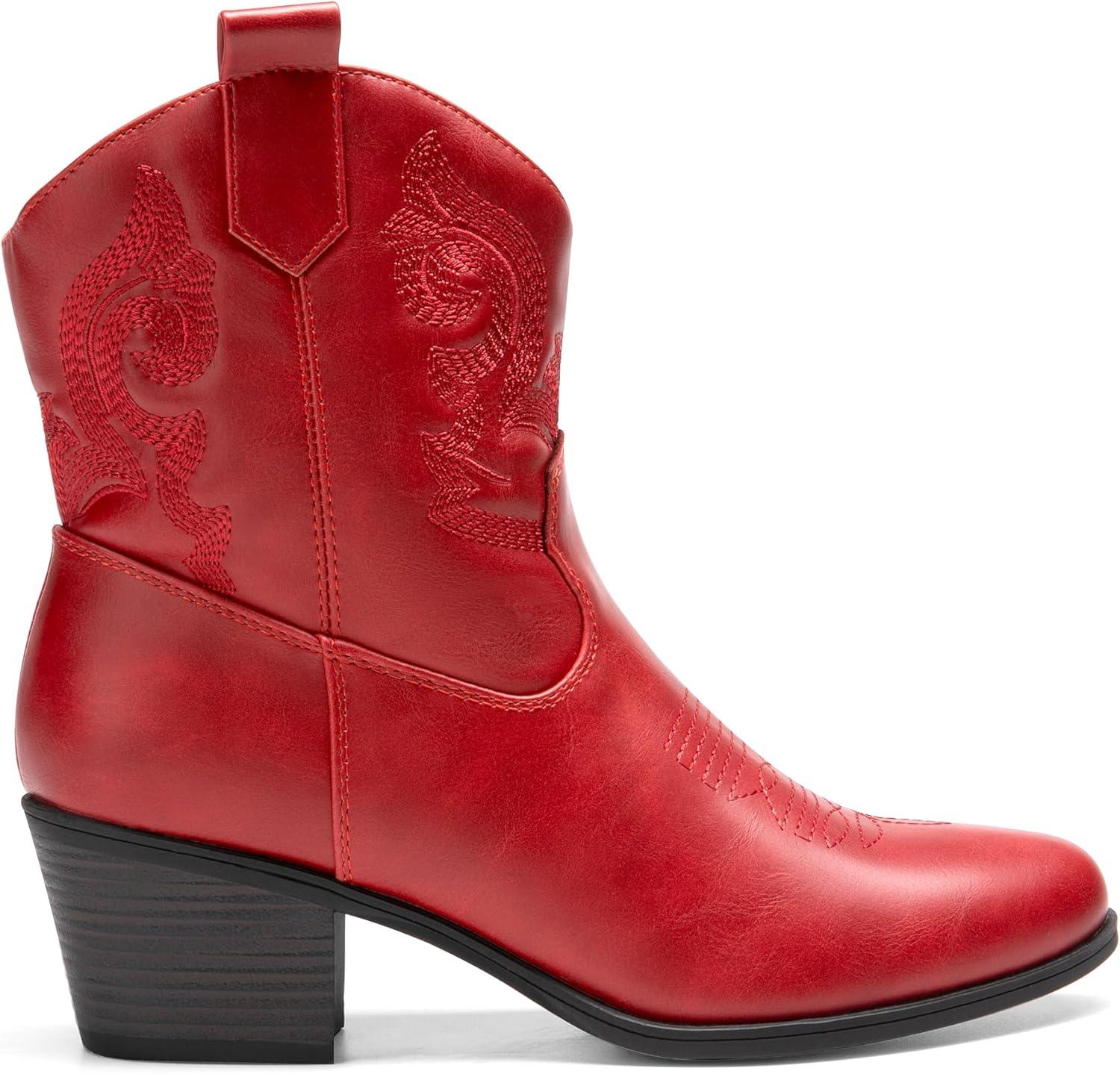 image:imageDREAM PAIRS Bottines de cowboy et cowgirl brodes pour femme Style western Talon bas et pais Bout rond Pour lautomneRouge