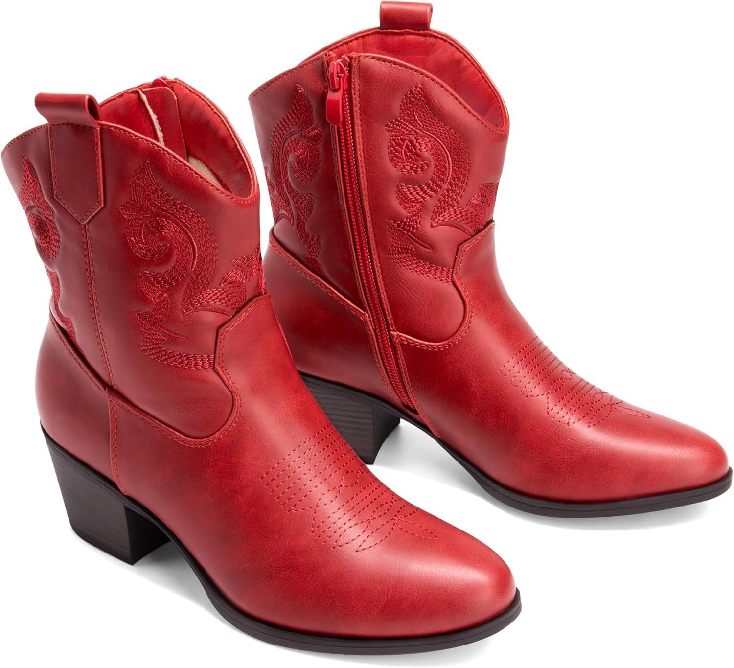 image:imageDREAM PAIRS Bottines de cowboy et cowgirl brodes pour femme Style western Talon bas et pais Bout rond Pour lautomneRouge