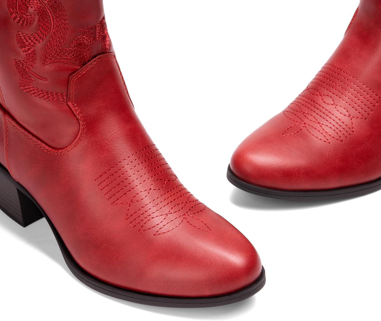 image:imageDREAM PAIRS Bottines de cowboy et cowgirl brodes pour femme Style western Talon bas et pais Bout rond Pour lautomneRouge