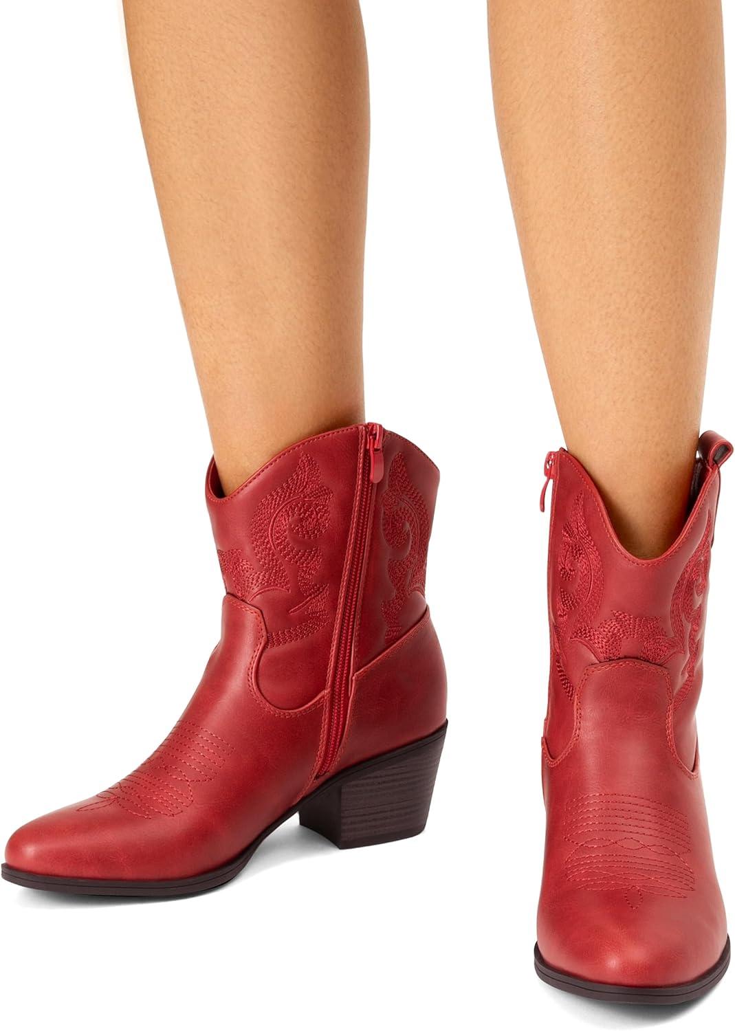 image:imageDREAM PAIRS Bottines de cowboy et cowgirl brodes pour femme Style western Talon bas et pais Bout rond Pour lautomneRouge