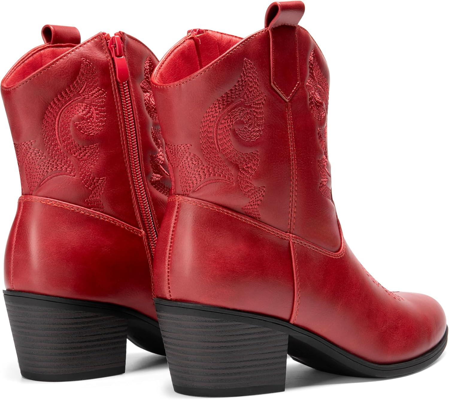 image:imageDREAM PAIRS Bottines de cowboy et cowgirl brodes pour femme Style western Talon bas et pais Bout rond Pour lautomneRouge