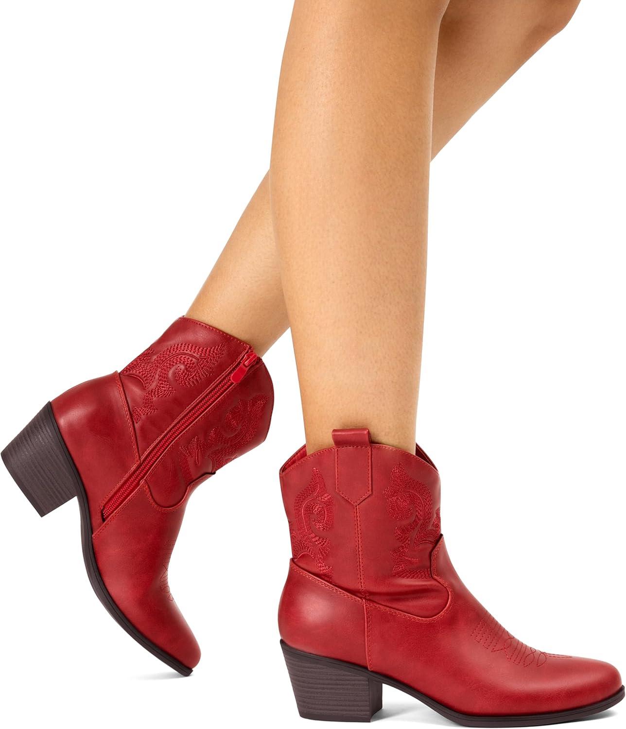 image:imageDREAM PAIRS Bottines de cowboy et cowgirl brodes pour femme Style western Talon bas et pais Bout rond Pour lautomneRouge