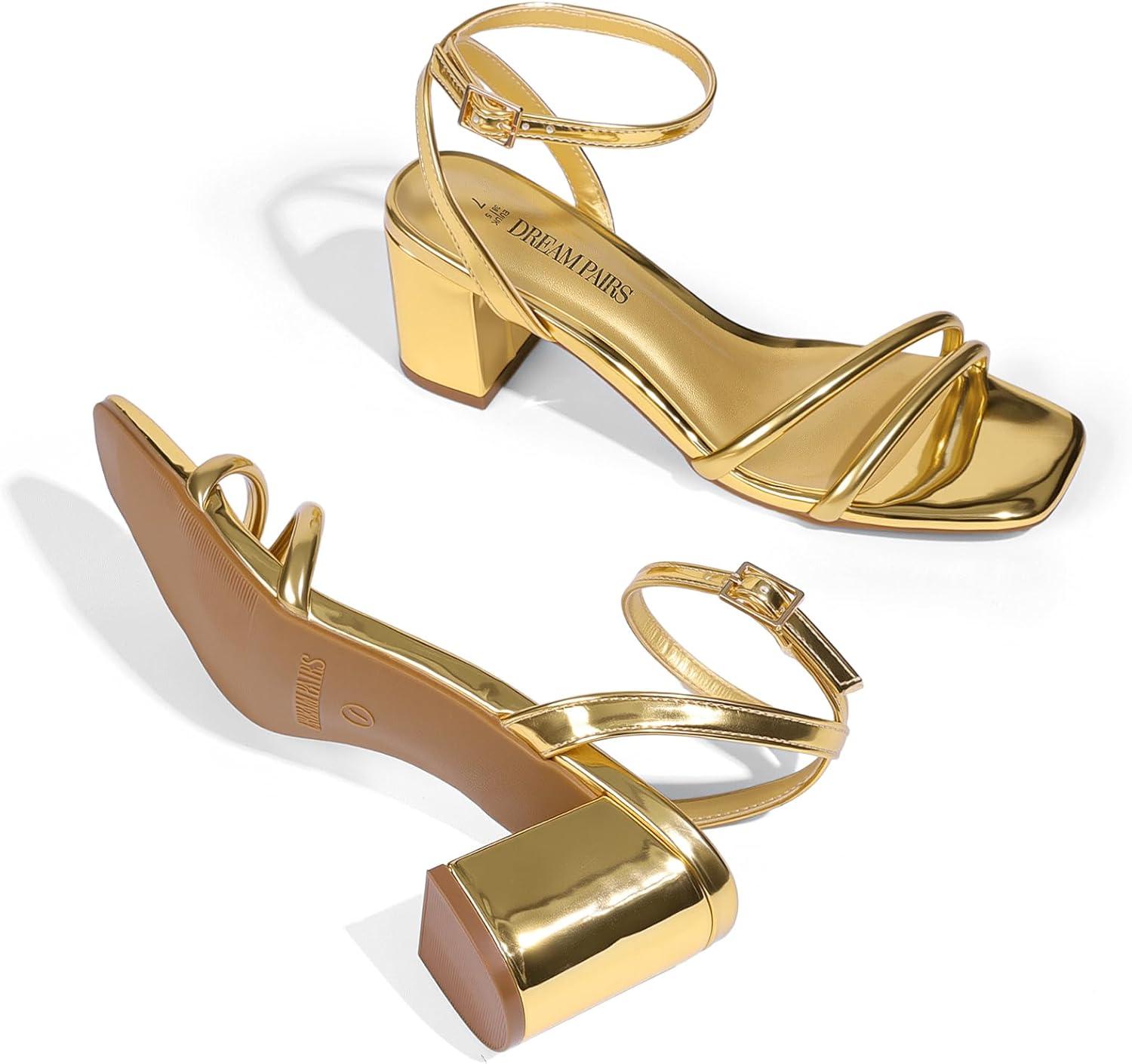 image:imageDREAM PAIRS Sandales talons bas bout ouvert avec boucle de cheville pour femmeDor