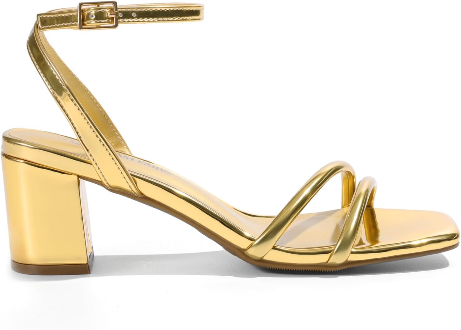 image:imageDREAM PAIRS Sandales talons bas bout ouvert avec boucle de cheville pour femmeDor