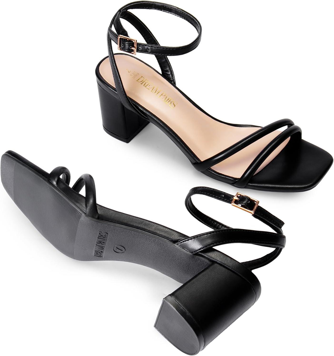 image:imageDREAM PAIRS Sandales talons bas bout ouvert avec boucle de cheville pour femmePolyurthane Noir