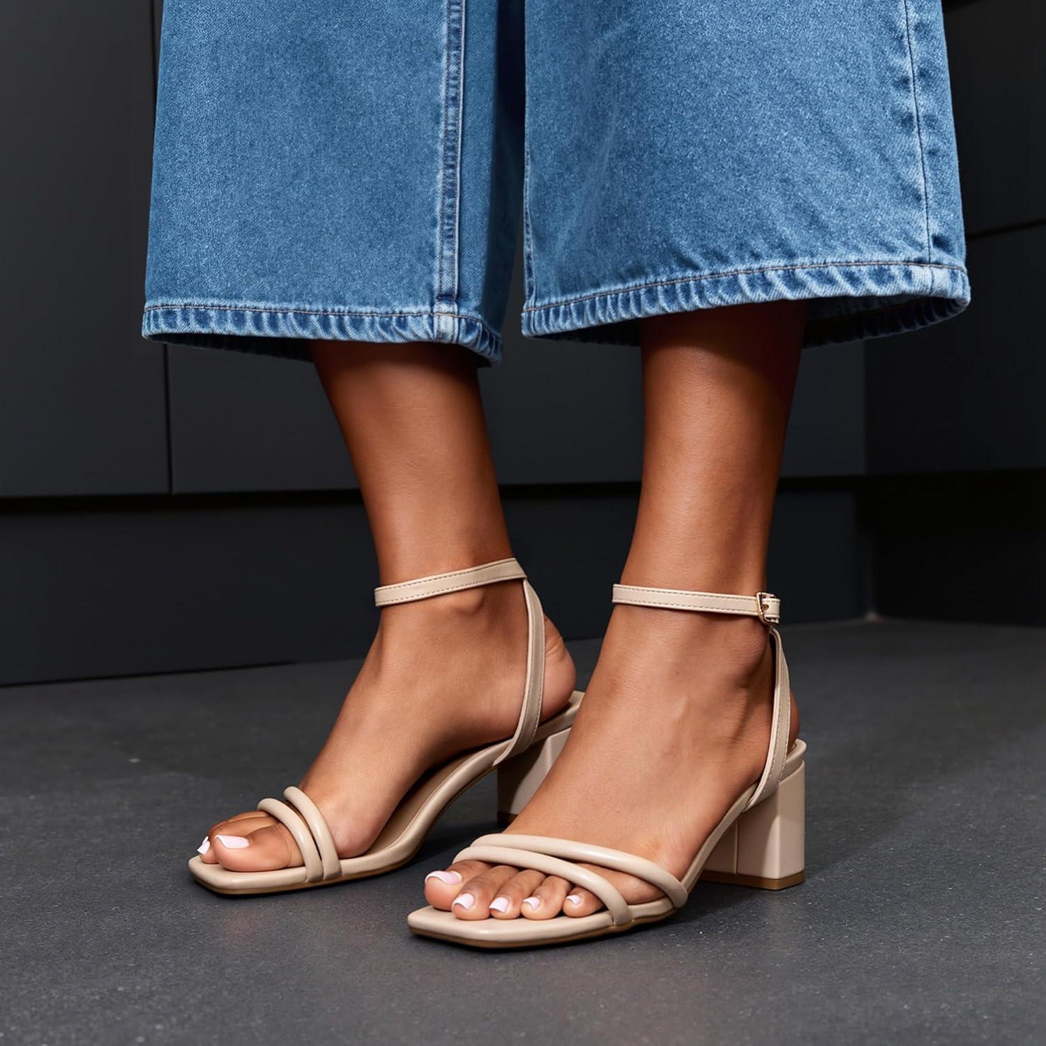 image:imageDREAM PAIRS Sandales talons bas bout ouvert avec boucle de cheville pour femmePu