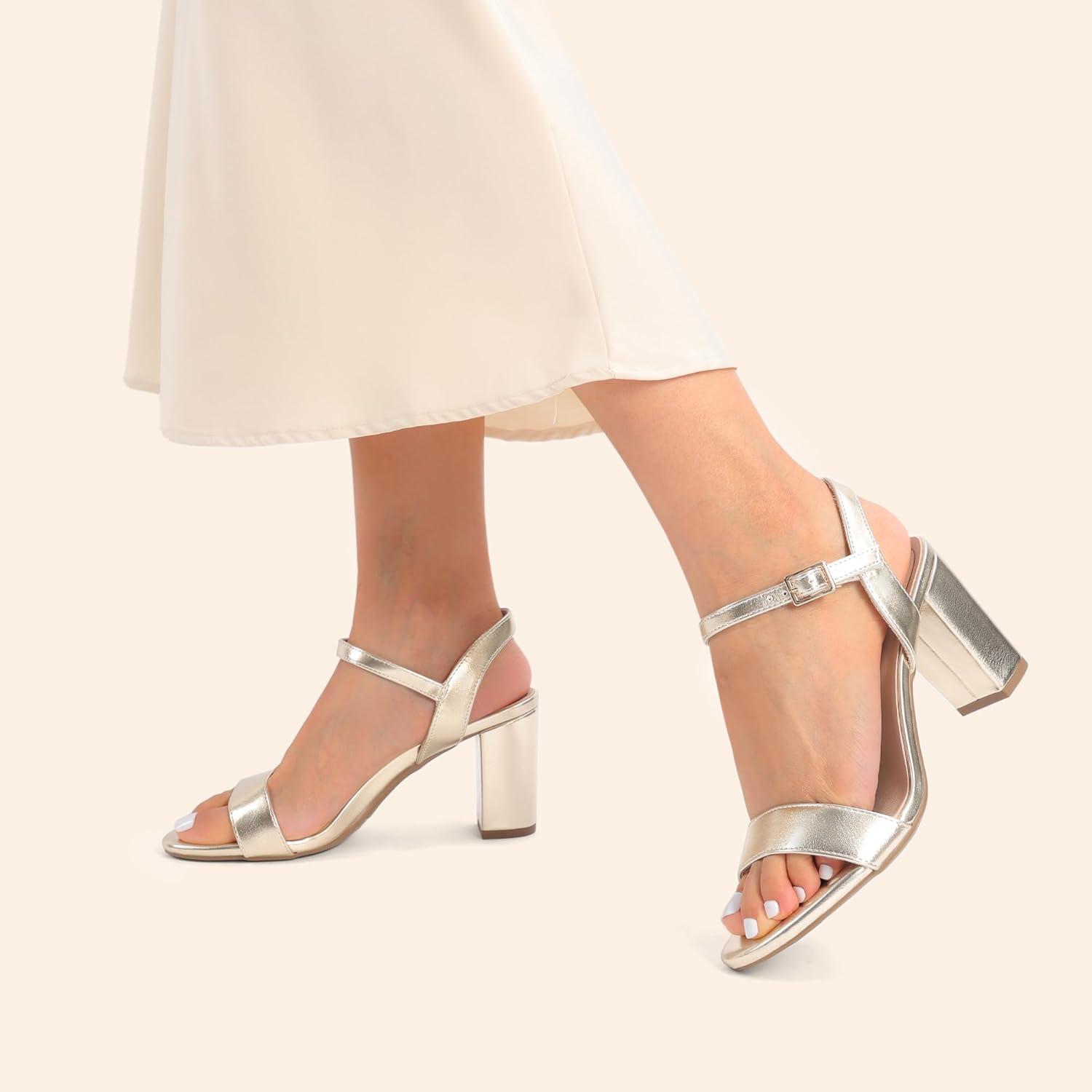 image:imageDREAM PAIRS Sandales talons pais pour femme Bout ouvert Sangle de cheville Tendance Pour fte de mariageDor Clair