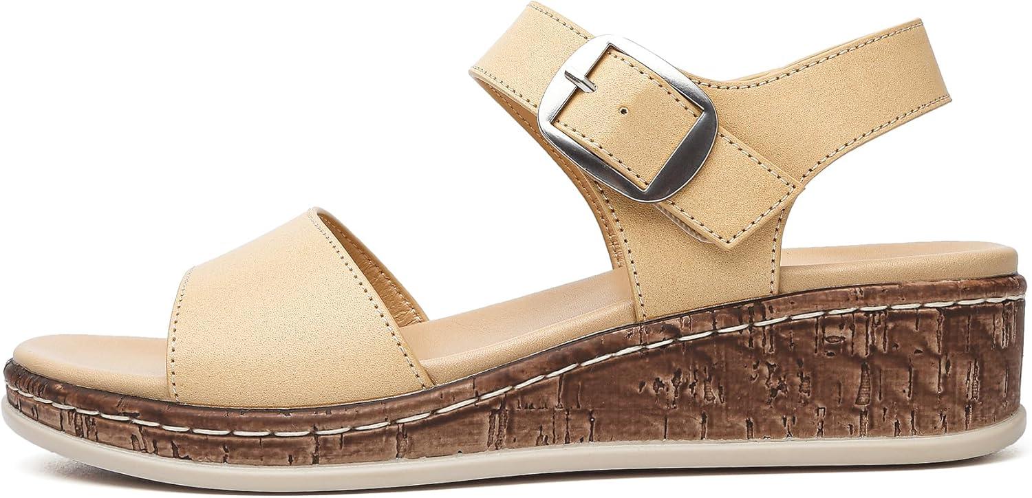 image:imageDimaiGlobal Sandales pour Femme Talon Compens avec Soutien de la Vote Plantaire Sandales Plateforme Confortables Bout Ouvert et Bride la Cheville pour tBeige