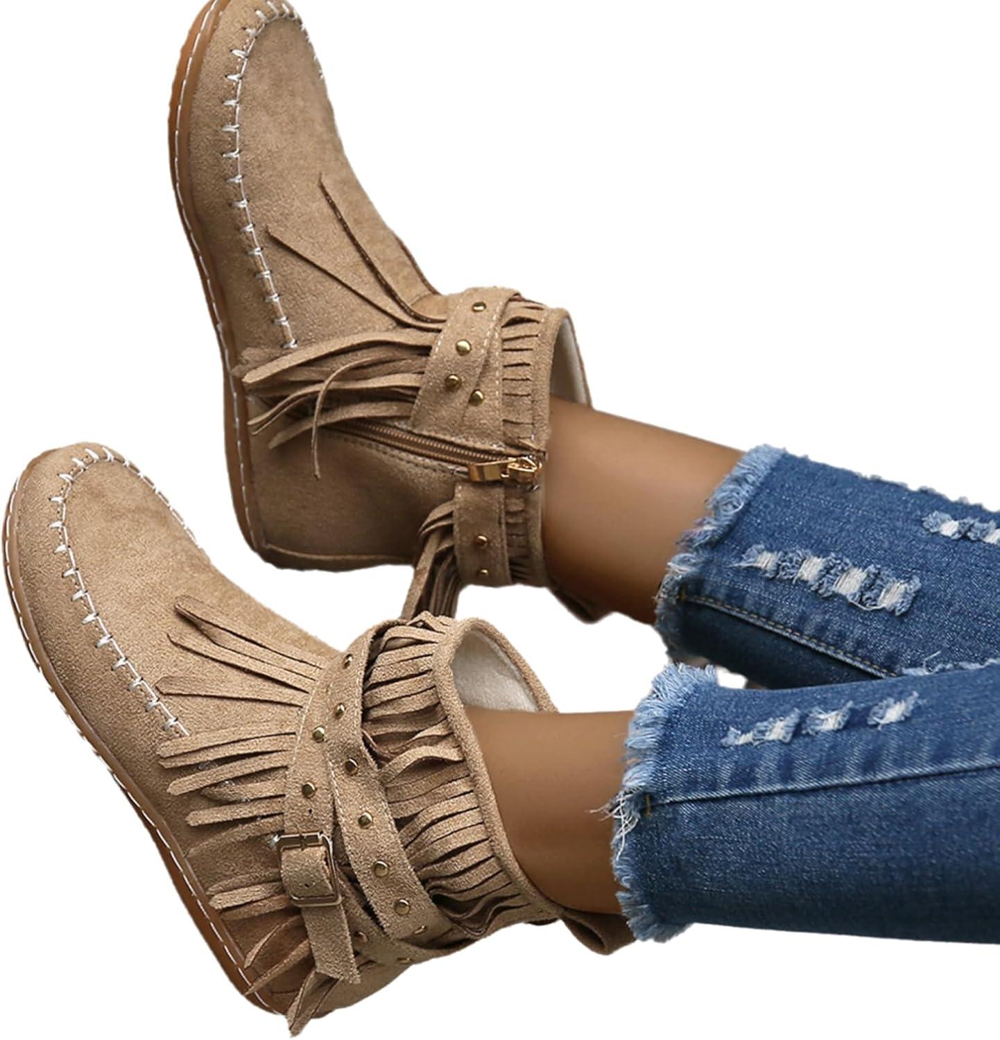 image:imageGnrique Bottines plates pour femmes bottines Chelsea bottes western dtails franges cloutes bottes dhiver confortables et chaudes en daim synthtiqueKaki