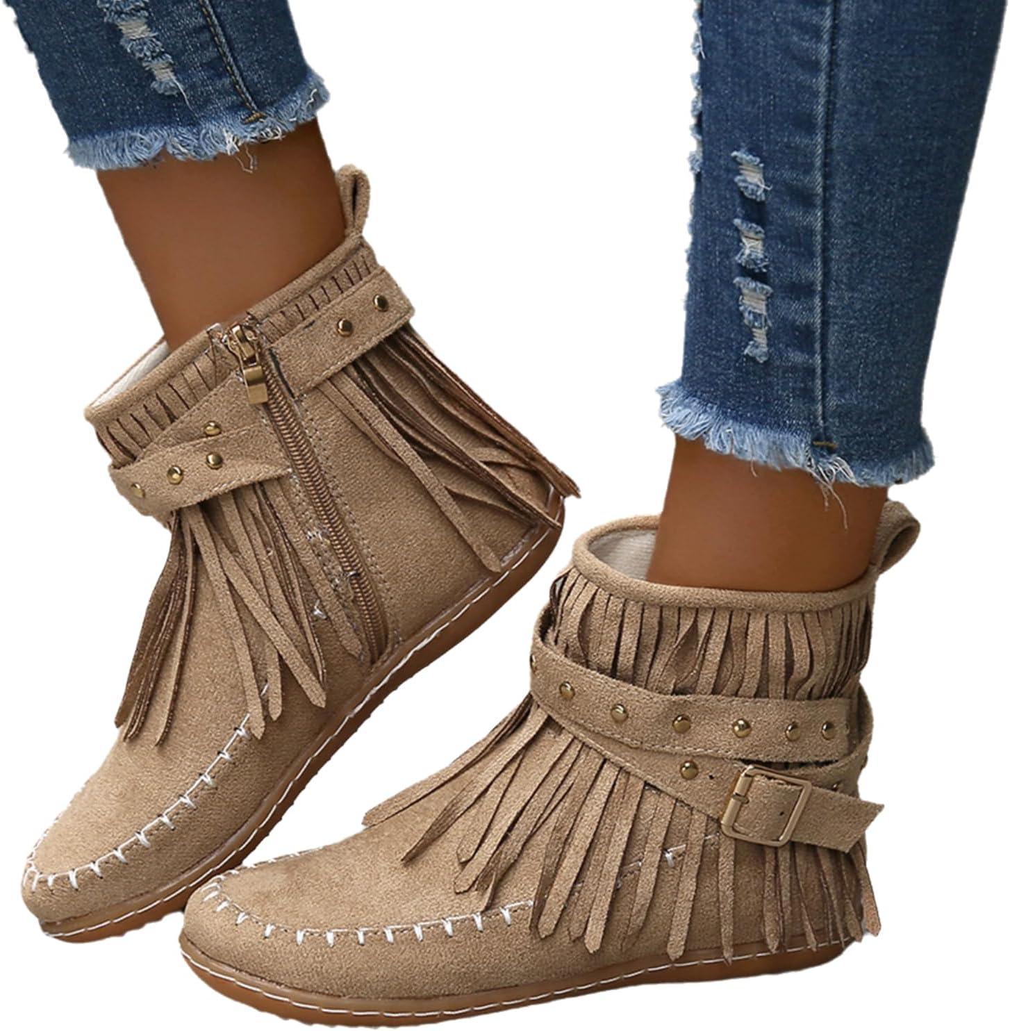 image:imageGnrique Bottines plates pour femmes bottines Chelsea bottes western dtails franges cloutes bottes dhiver confortables et chaudes en daim synthtiqueKaki