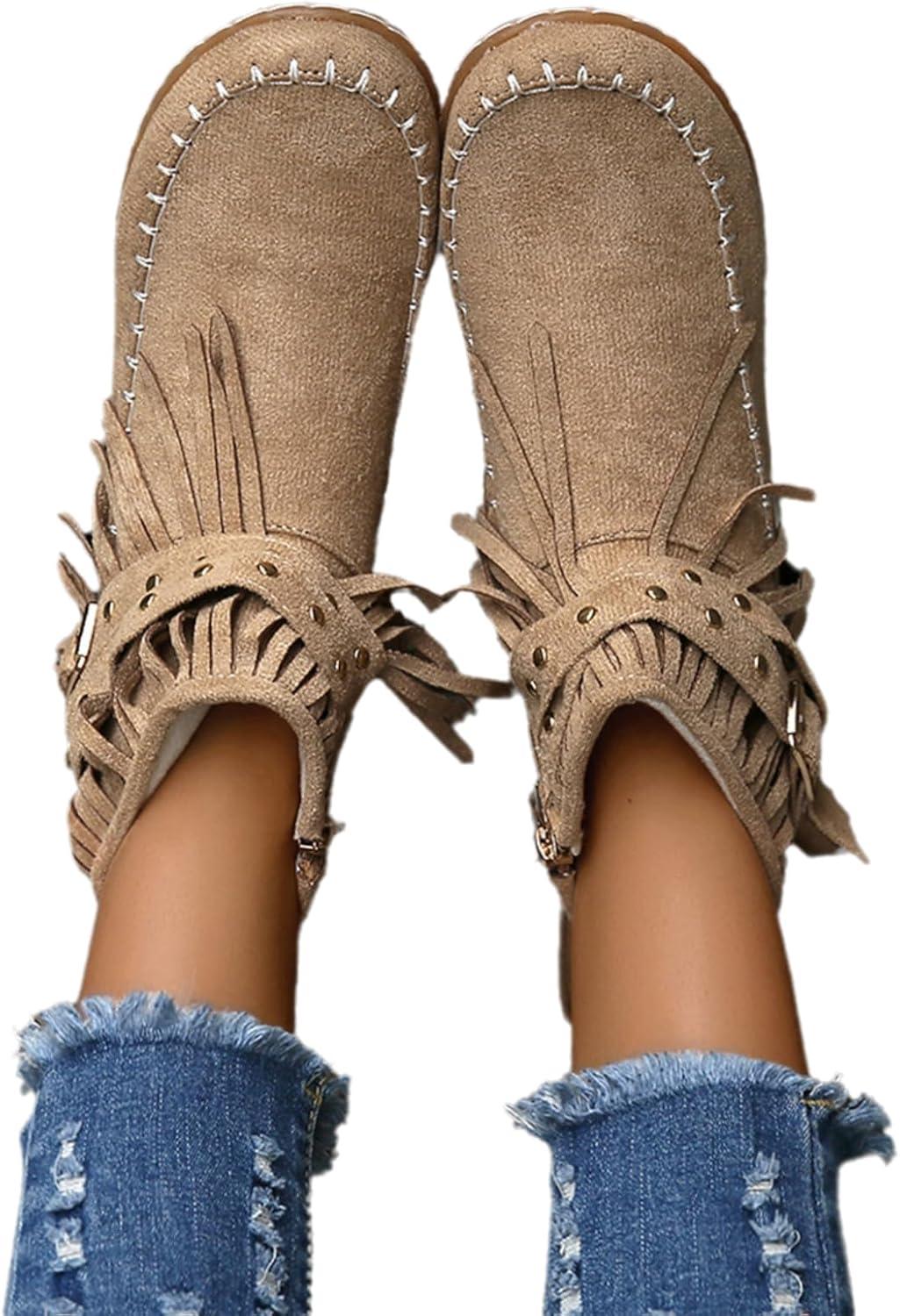 image:imageGnrique Bottines plates pour femmes bottines Chelsea bottes western dtails franges cloutes bottes dhiver confortables et chaudes en daim synthtiqueKaki