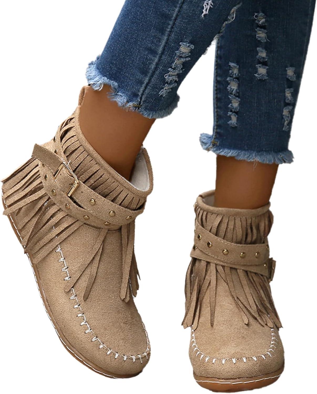 image:imageGnrique Bottines plates pour femmes bottines Chelsea bottes western dtails franges cloutes bottes dhiver confortables et chaudes en daim synthtiqueKaki
