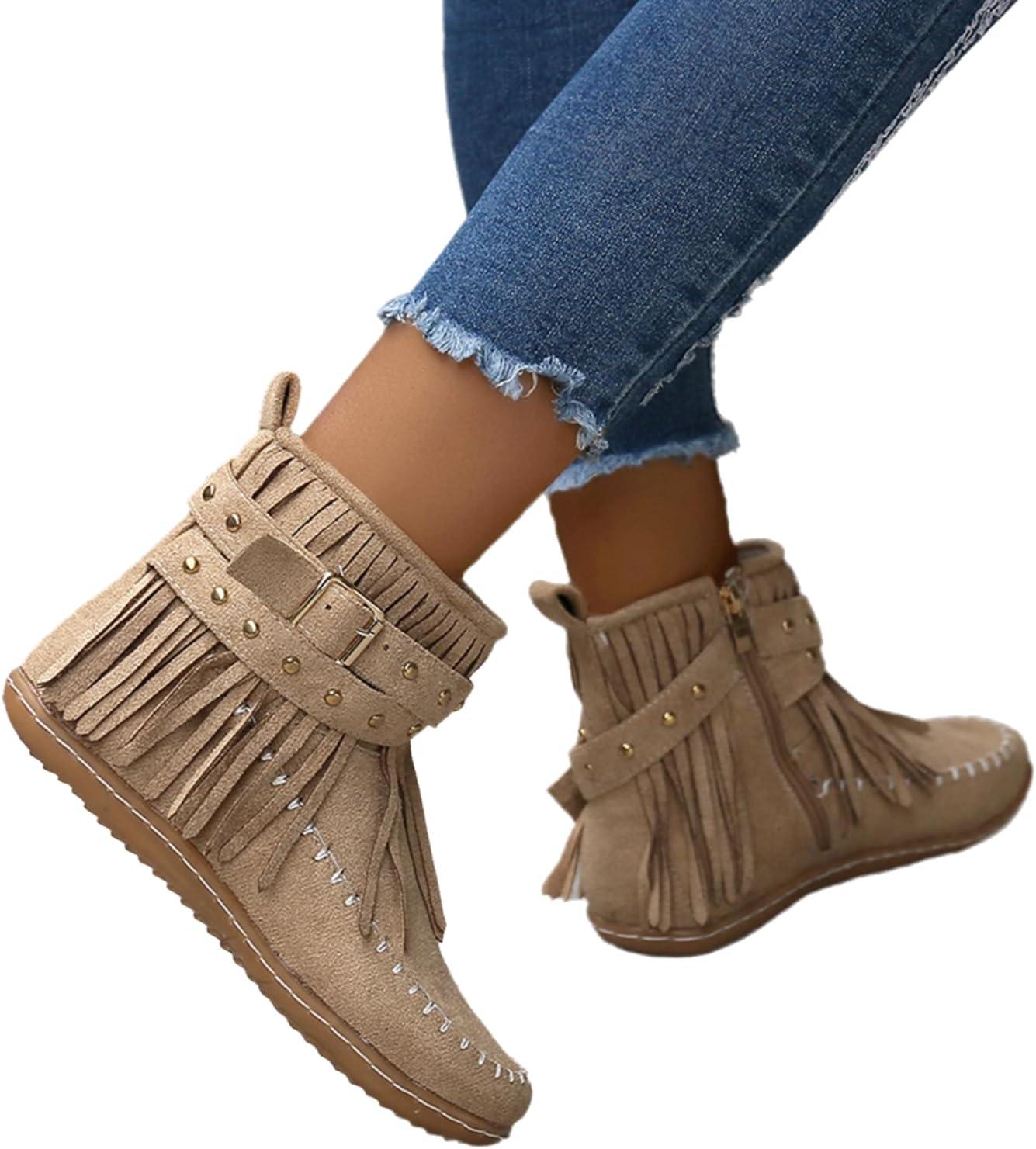 image:imageGnrique Bottines plates pour femmes bottines Chelsea bottes western dtails franges cloutes bottes dhiver confortables et chaudes en daim synthtiqueKaki
