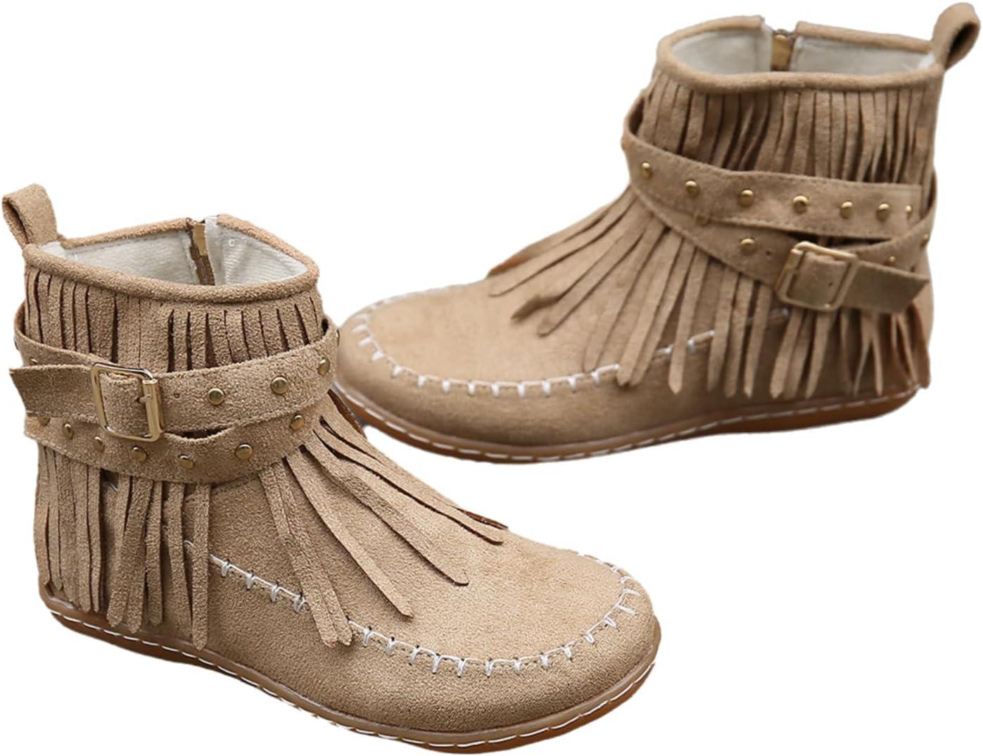 image:imageGnrique Bottines plates pour femmes bottines Chelsea bottes western dtails franges cloutes bottes dhiver confortables et chaudes en daim synthtiqueKaki