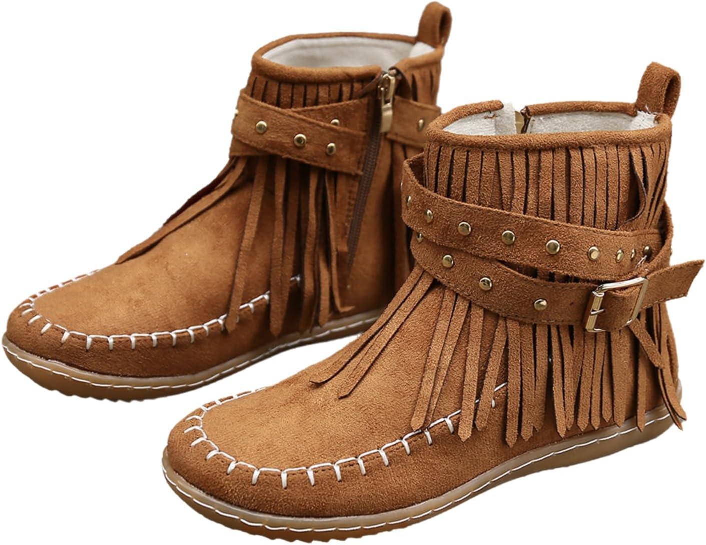 image:imageGnrique Bottines plates pour femmes bottines Chelsea bottes western dtails franges cloutes bottes dhiver confortables et chaudes en daim synthtiqueMarron Jaune