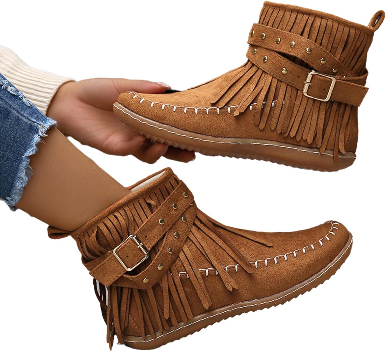 image:imageGnrique Bottines plates pour femmes bottines Chelsea bottes western dtails franges cloutes bottes dhiver confortables et chaudes en daim synthtiqueMarron Jaune