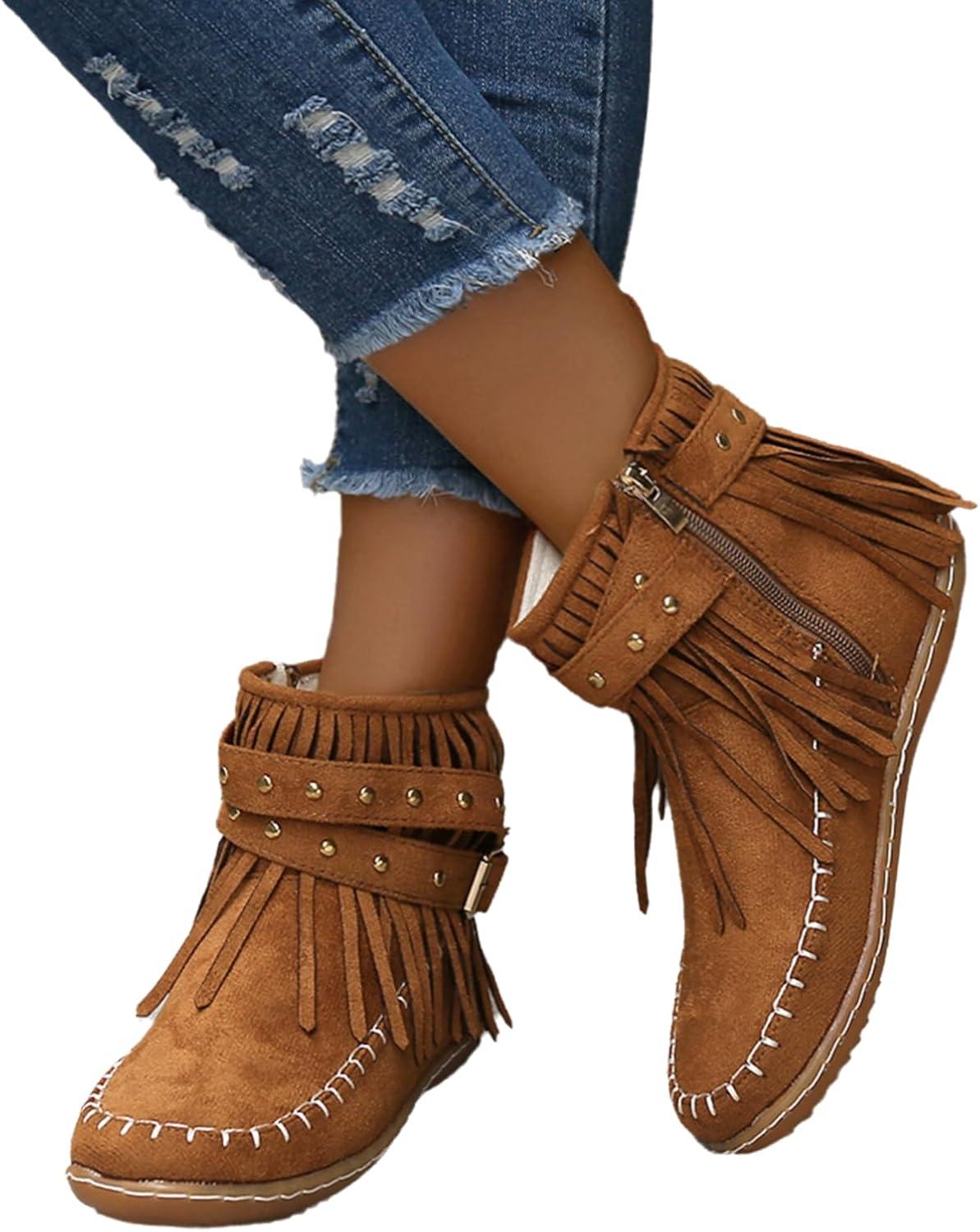 image:imageGnrique Bottines plates pour femmes bottines Chelsea bottes western dtails franges cloutes bottes dhiver confortables et chaudes en daim synthtiqueMarron Jaune