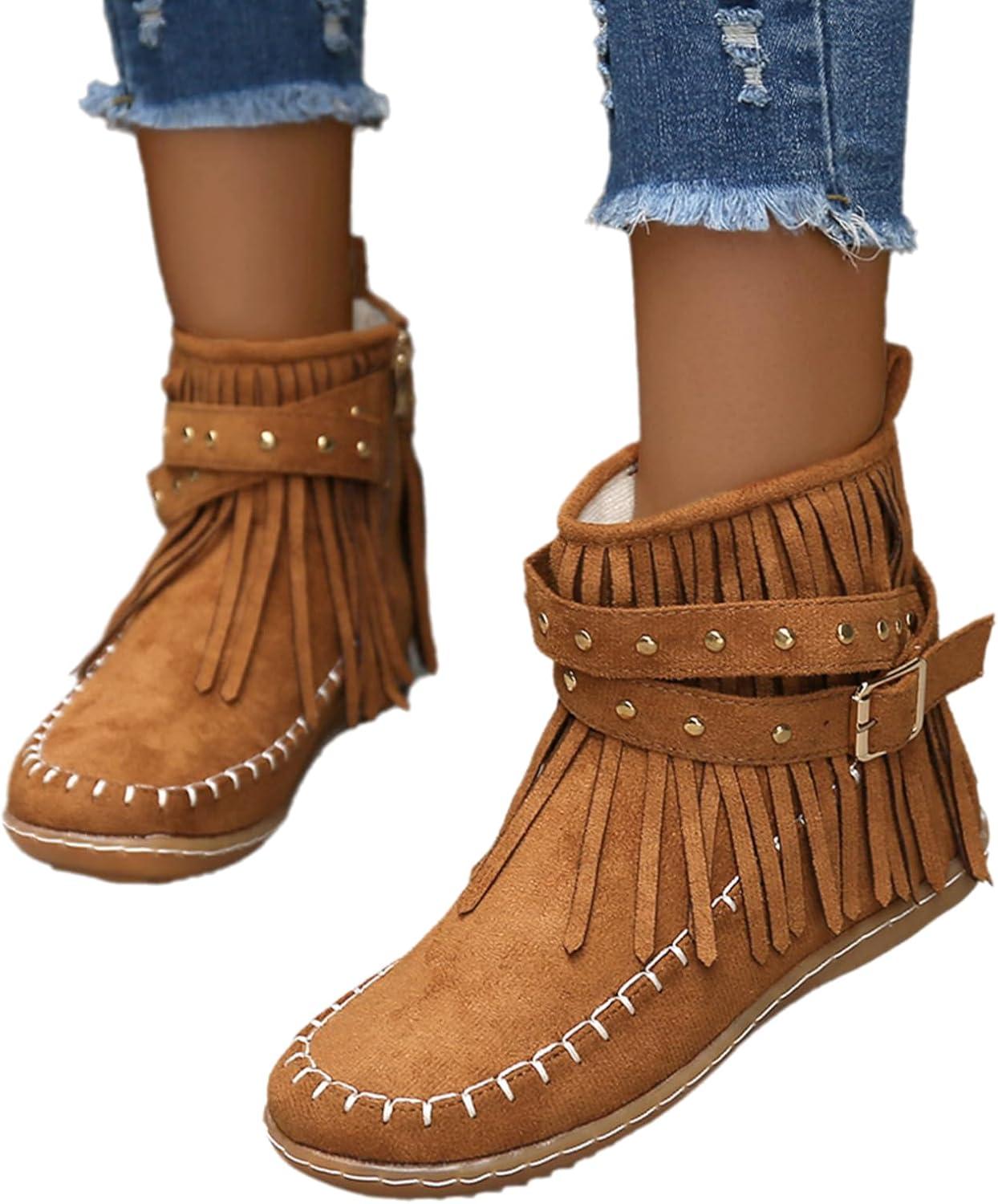 image:imageGnrique Bottines plates pour femmes bottines Chelsea bottes western dtails franges cloutes bottes dhiver confortables et chaudes en daim synthtiqueMarron Jaune